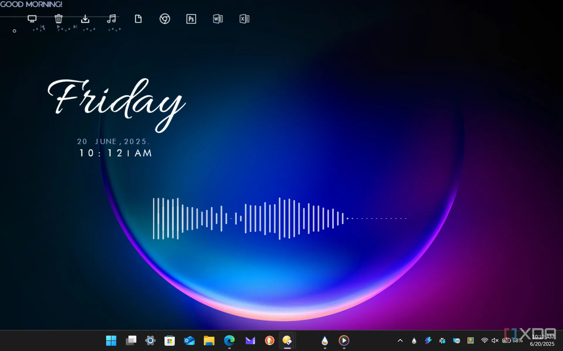 Màn hình desktop Windows hiển thị skin Rainmeter Inside Dream với các tiện ích cơ bản