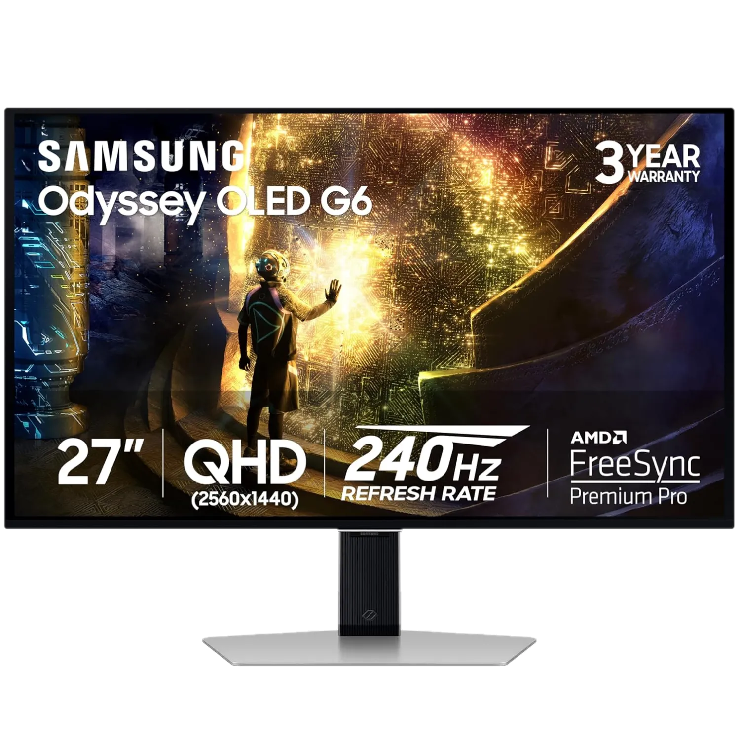 Màn hình gaming Samsung Odyssey QD-OLED G6 màu bạc, mang lại hình ảnh sắc nét và trải nghiệm chơi game đỉnh cao.