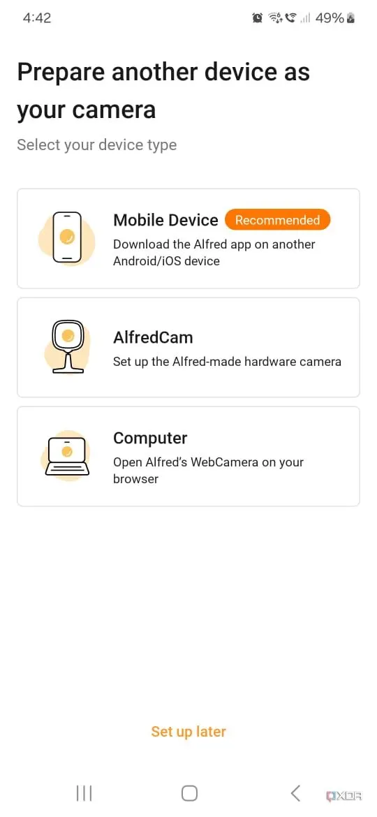 Màn hình hướng dẫn chuẩn bị thiết bị thứ hai để kết nối với Alfred Security.