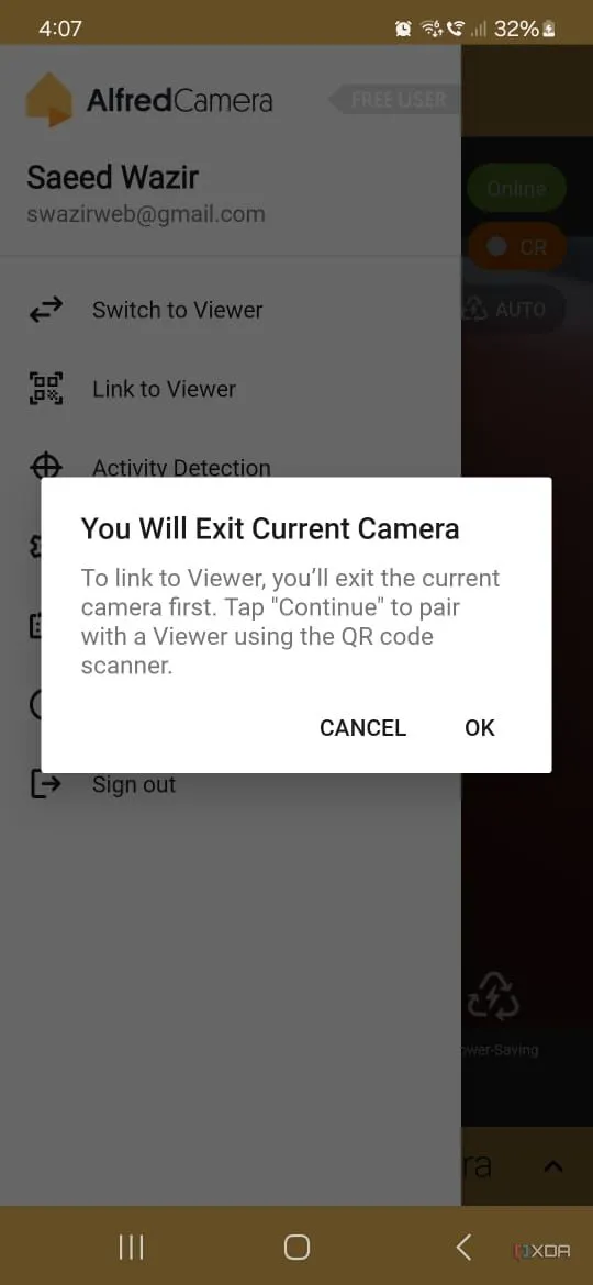 Màn hình liên kết thiết bị xem trong Alfred Security, hiển thị mã QR để quét.