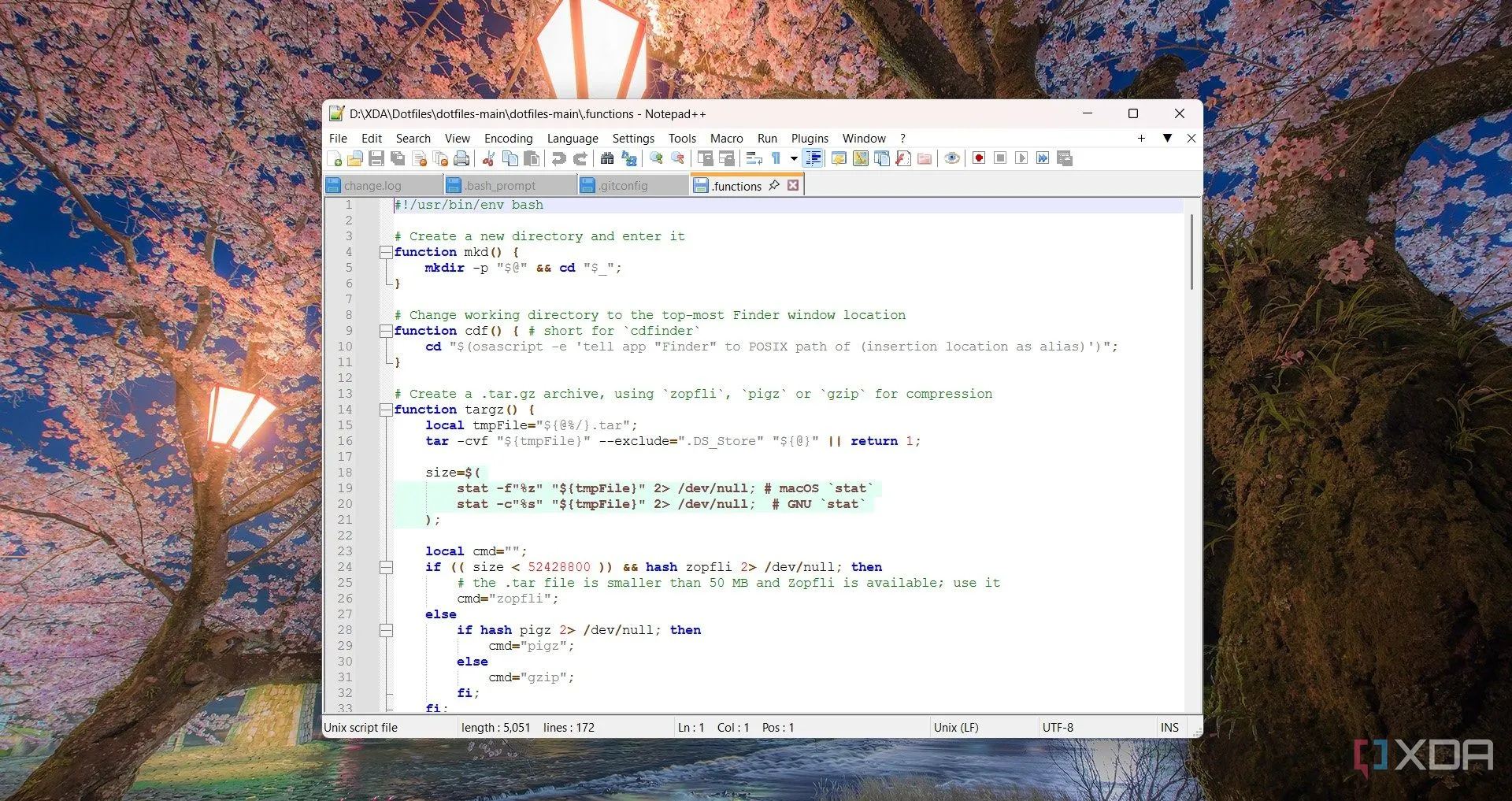 Màn hình Notepad++ hiển thị tệp tin cấu hình .functions với các đoạn code được tô màu cú pháp.
