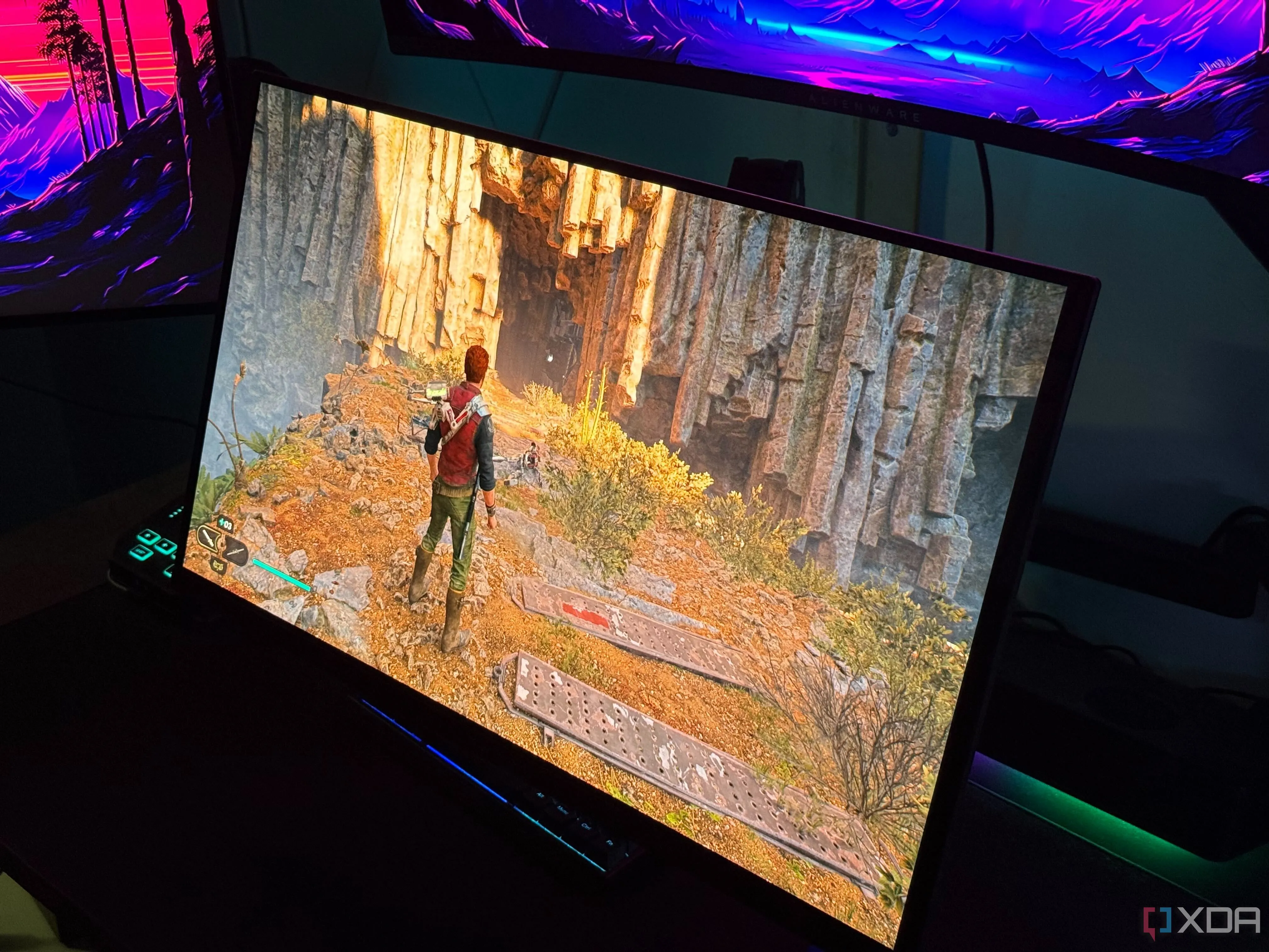 Màn hình OLED hiển thị cảnh game Star Wars Jedi: Survivor với hiệu ứng hình ảnh sắc nét, minh họa cho việc DLSS có thể gây lỗi.