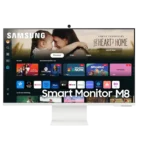 Màn hình thông minh Samsung M80D màu trắng hiển thị giao diện Smart Hub đa nhiệm.