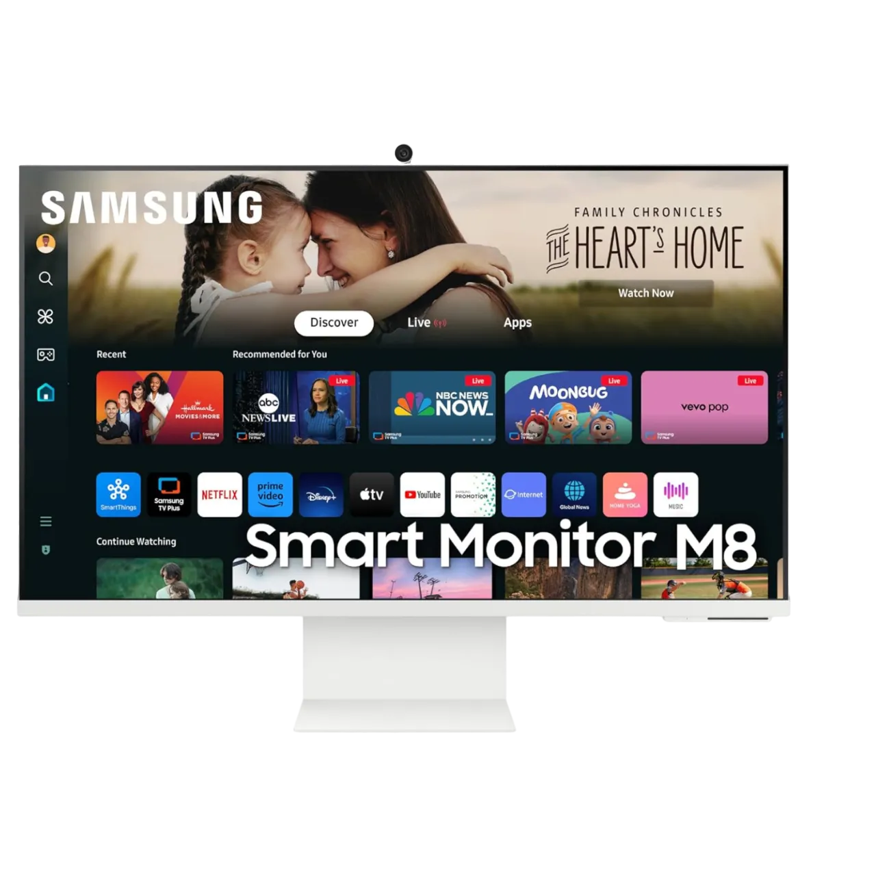 Màn hình thông minh Samsung M80D màu trắng hiển thị giao diện Smart Hub đa nhiệm.