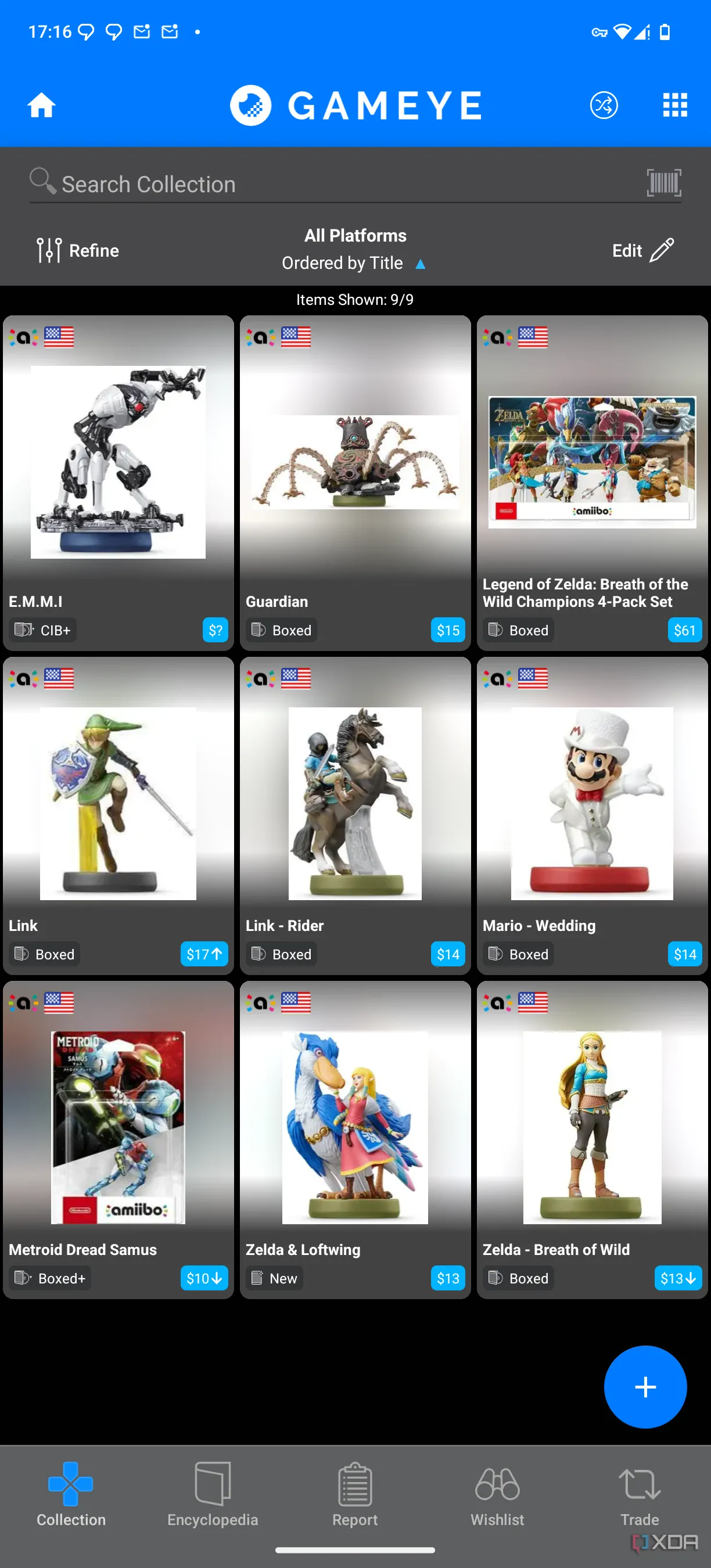 Màn hình thư viện Toys-to-Life của Gameye, nơi người dùng có thể quản lý các nhân vật và mô hình như Amiibo