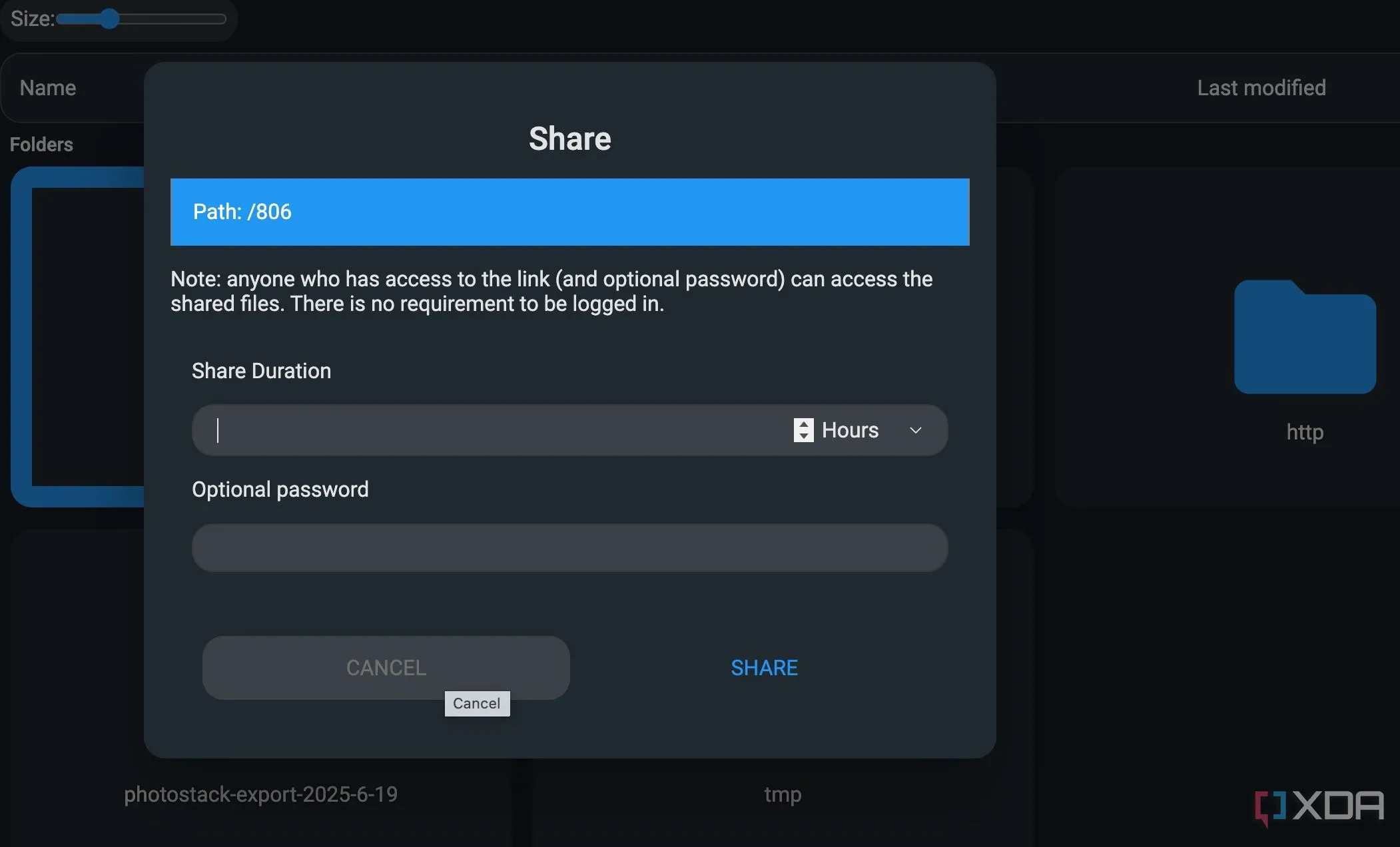 Màn hình tùy chọn chia sẻ FileBrowser Quantum với các cài đặt mật khẩu và thời gian hết hạn