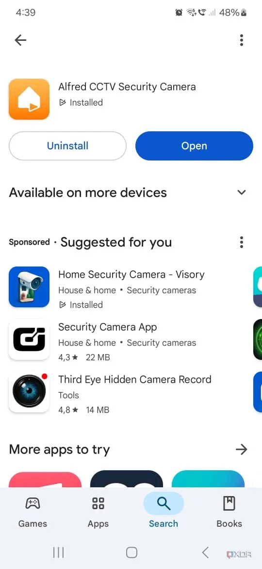 Màn hình ứng dụng Alfred Security với nút 'Open' (Mở) sau khi cài đặt.