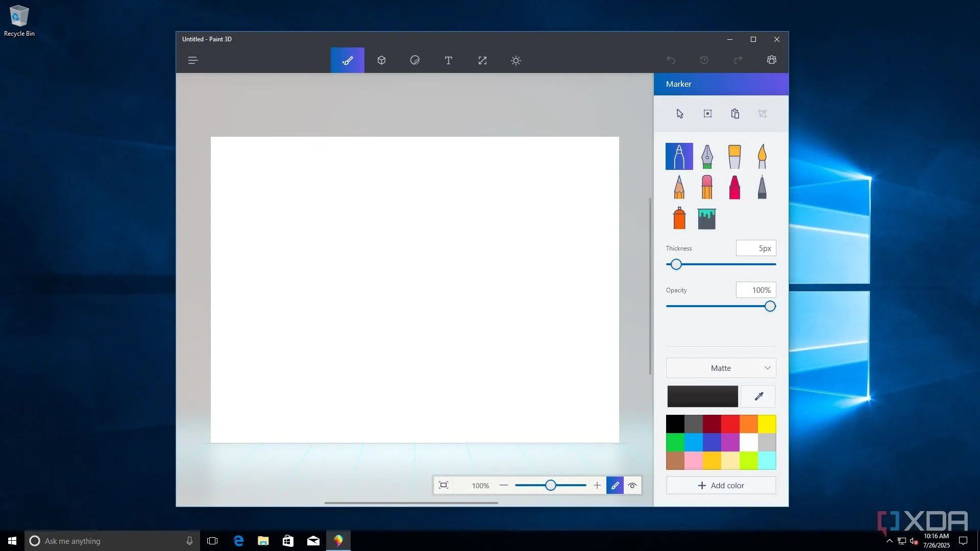Màn hình ứng dụng Paint 3D trên Windows 10, thể hiện khả năng tạo mô hình và vẽ 3D.
