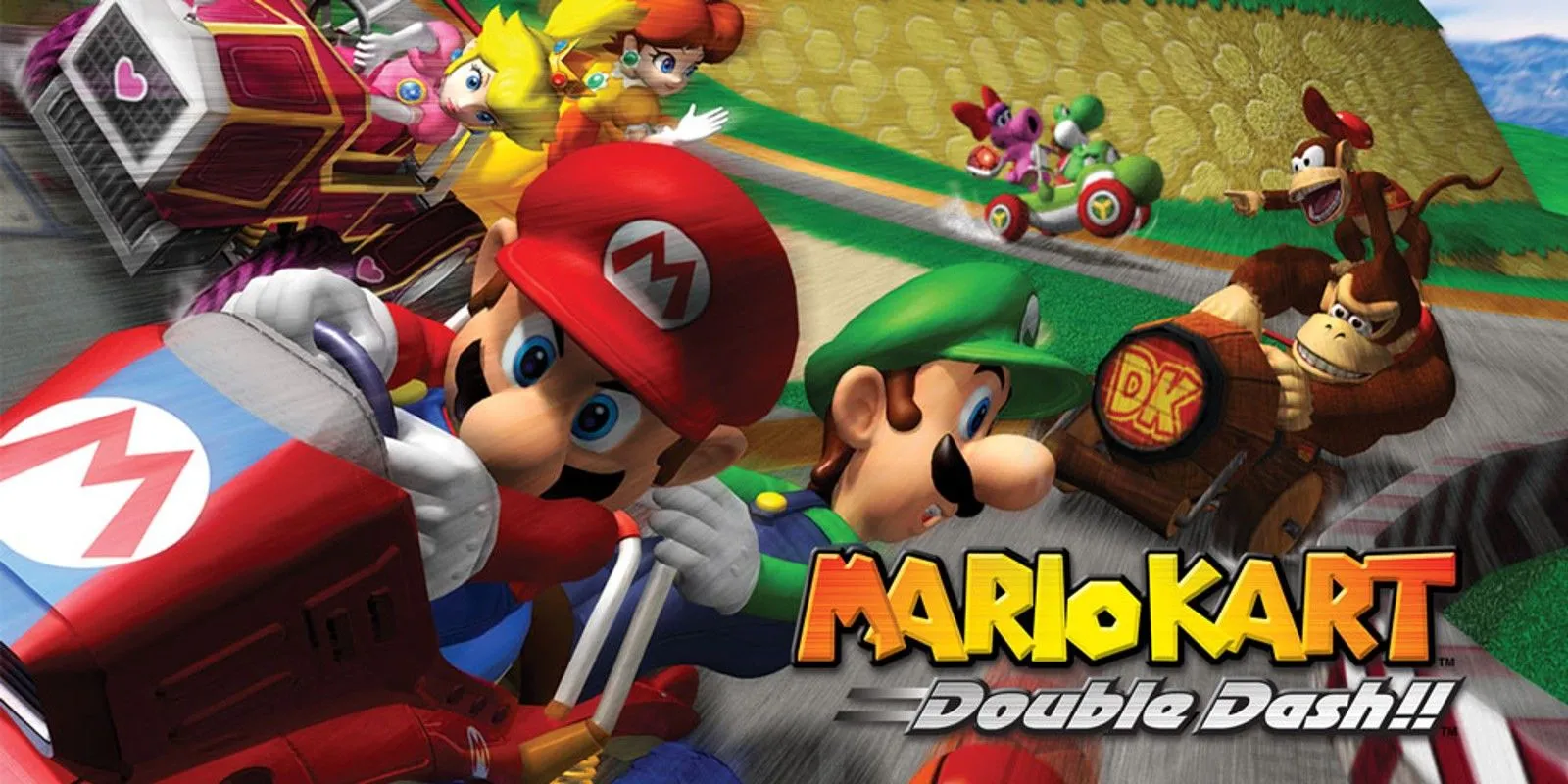 Mario Kart Double Dash gameplay với hai nhân vật trên xe, trải nghiệm đua xe cổ điển