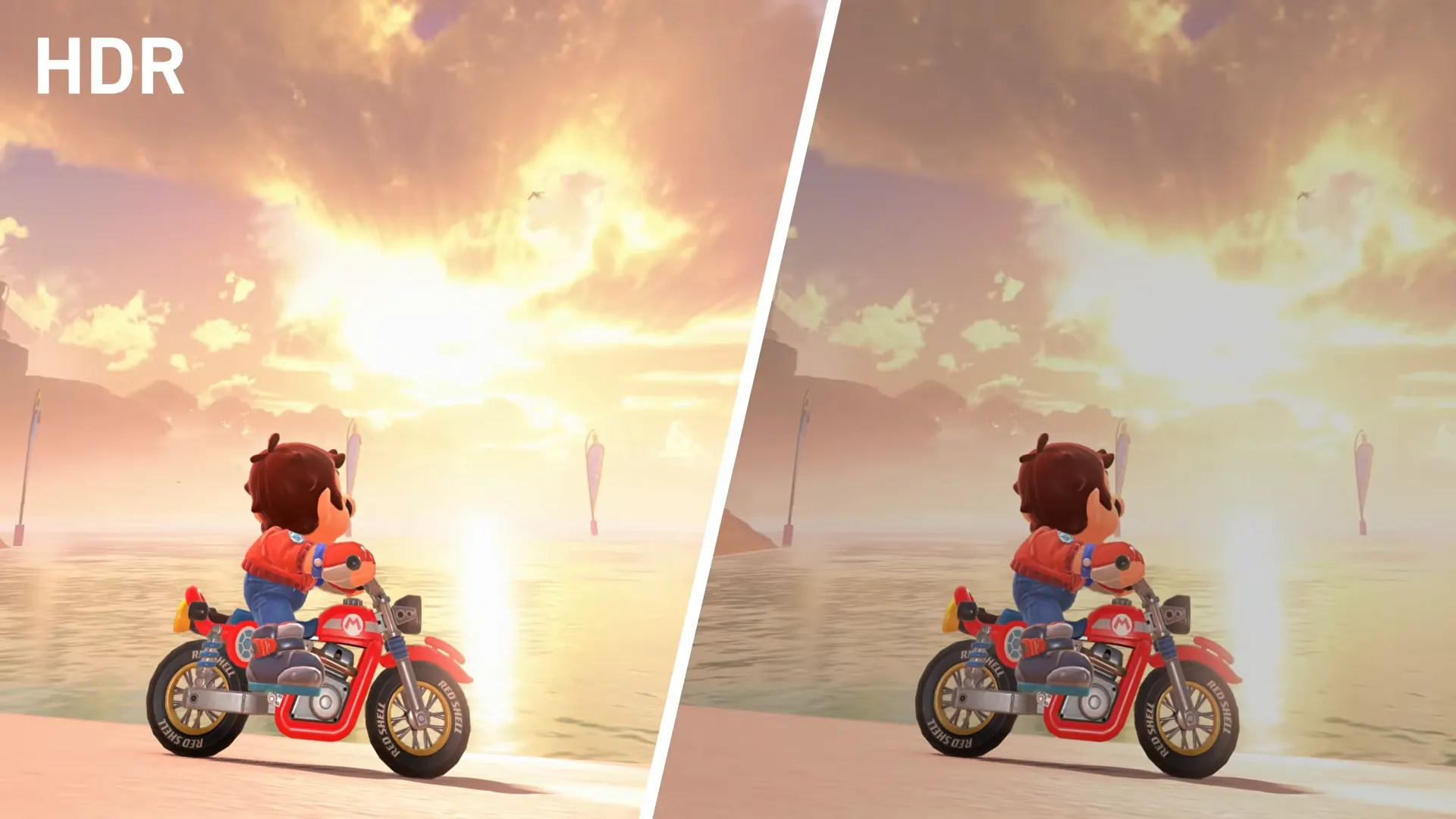Mario Kart World được hiển thị với và không có chế độ HDR
