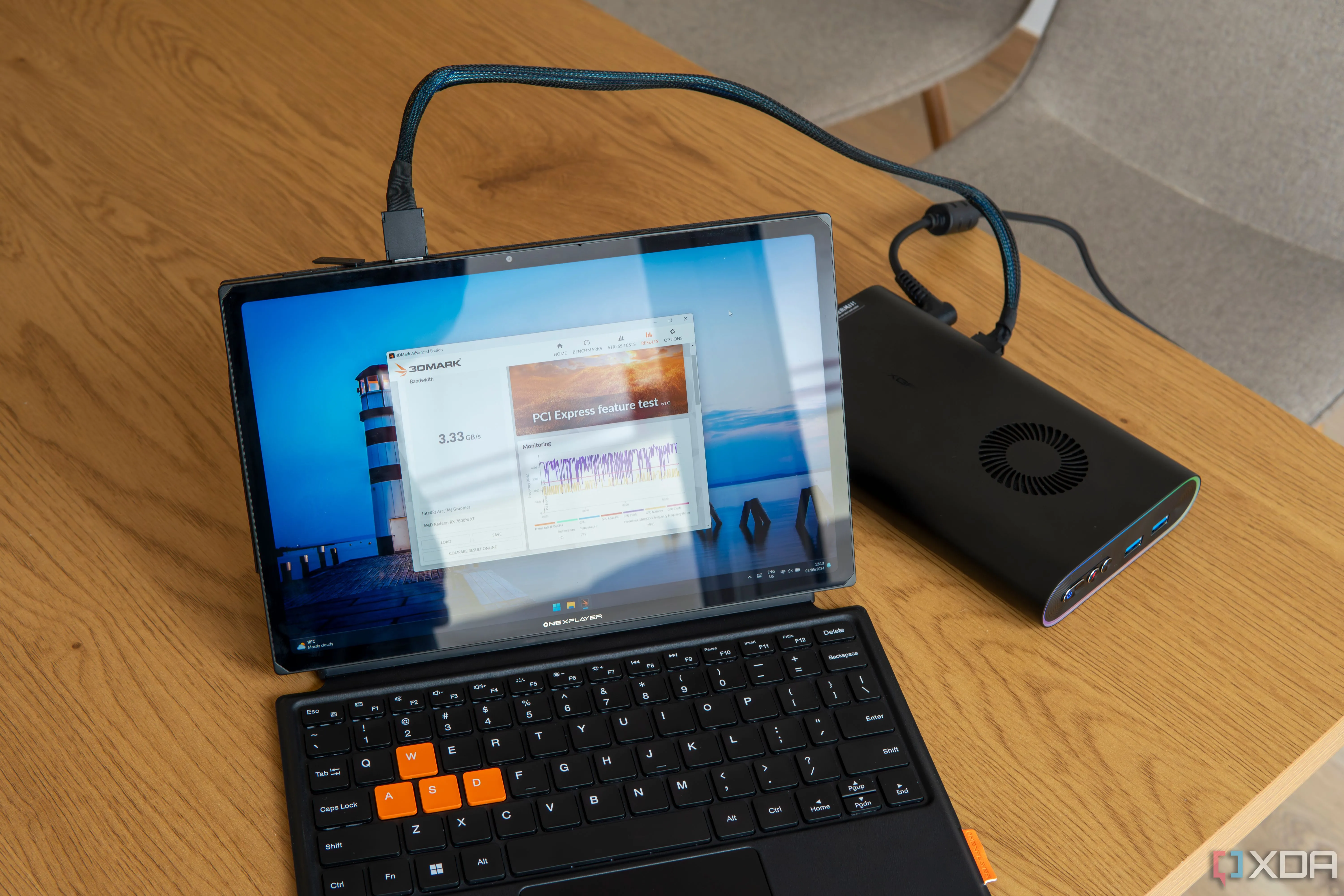 Máy tính bảng OneXplayer X1 kết nối OneXGPU qua OCuLink hiển thị kết quả benchmark