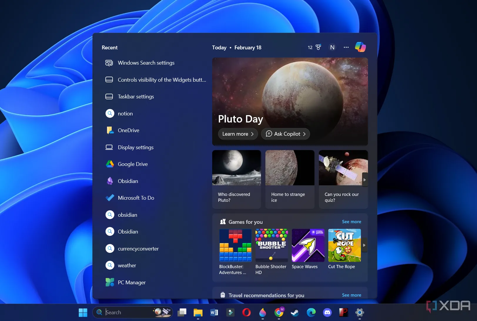 Menu tìm kiếm Windows 11 với nút Copilot