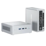 Mini PC Minisforum NAB9 Plus màu xám bạc với logo và cổng kết nối nổi bật, thể hiện thiết kế nhỏ gọn.