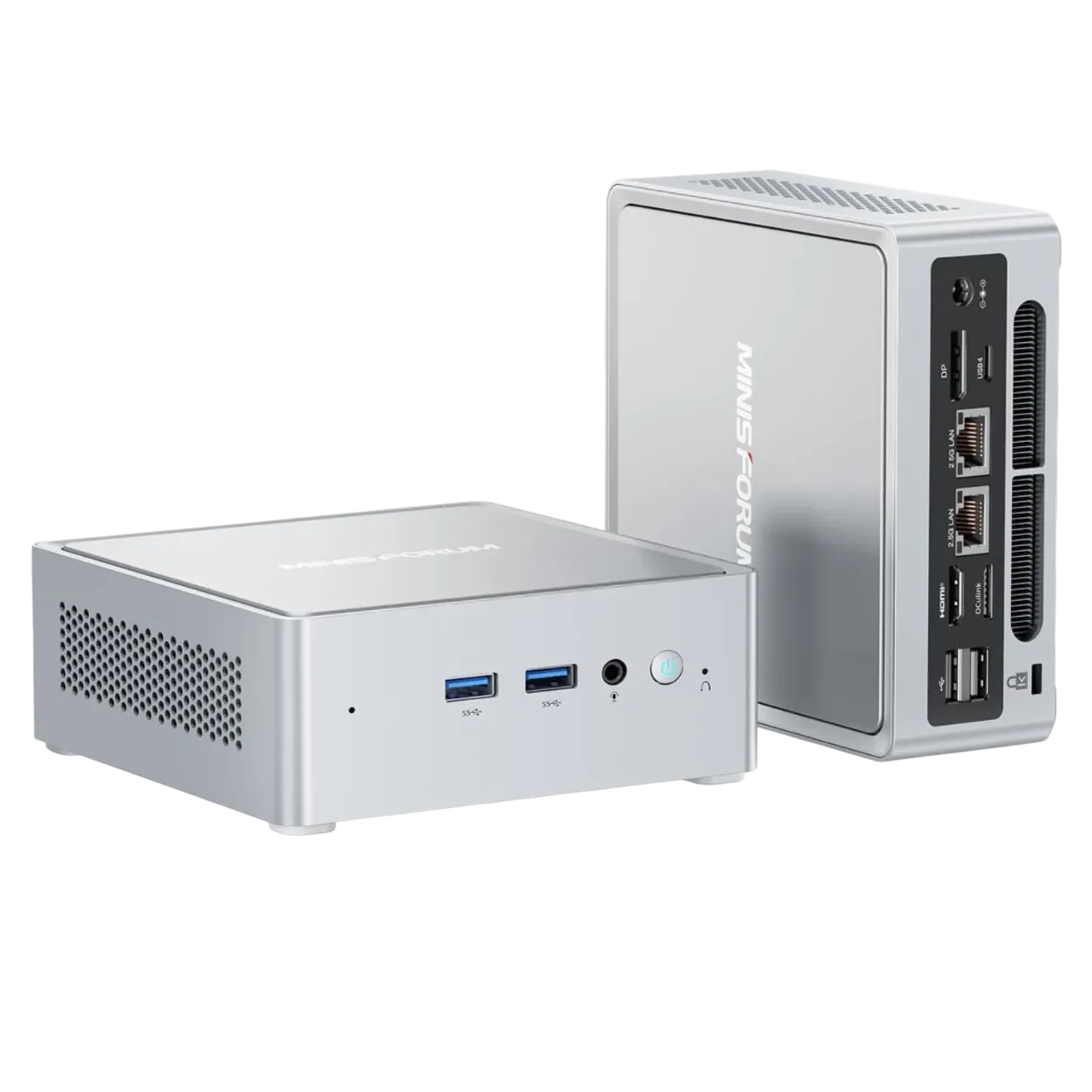 Mini PC Minisforum NAB9 Plus màu xám bạc với logo và cổng kết nối nổi bật, thể hiện thiết kế nhỏ gọn.