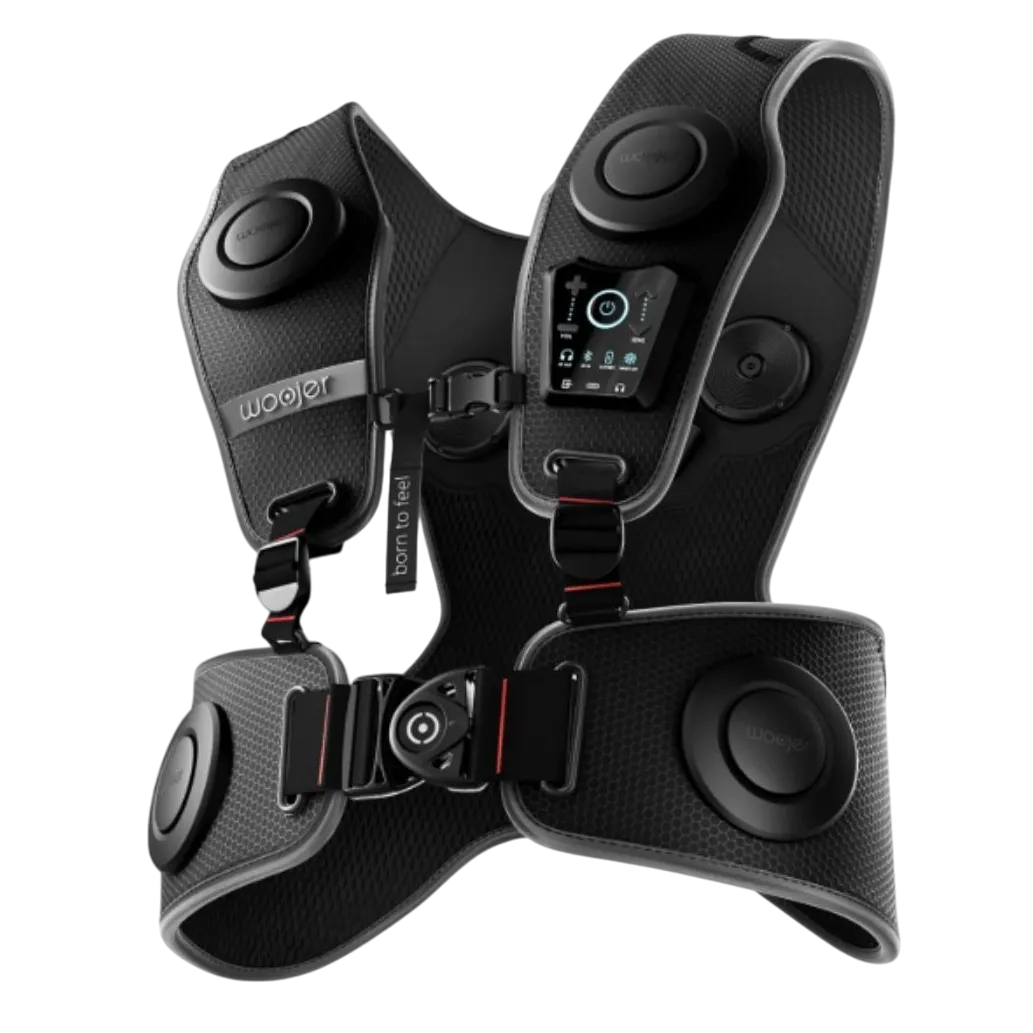 Mô hình 3D trong suốt của áo phản hồi xúc giác Woojer Vest 3 hiển thị các bộ phận bên trong