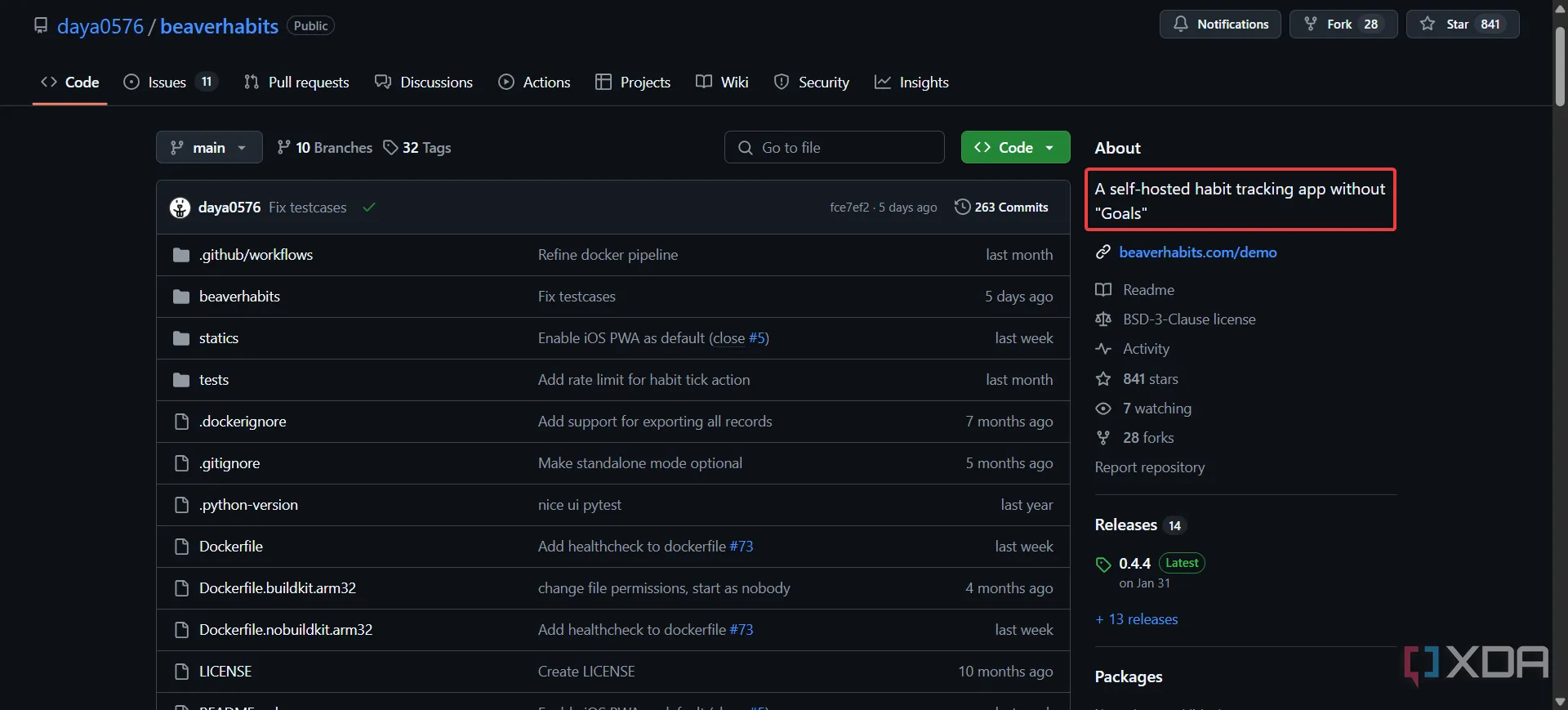 Mô tả Beaver Habit Tracker trên GitHub cho thấy thiếu tính năng thiết lập mục tiêu