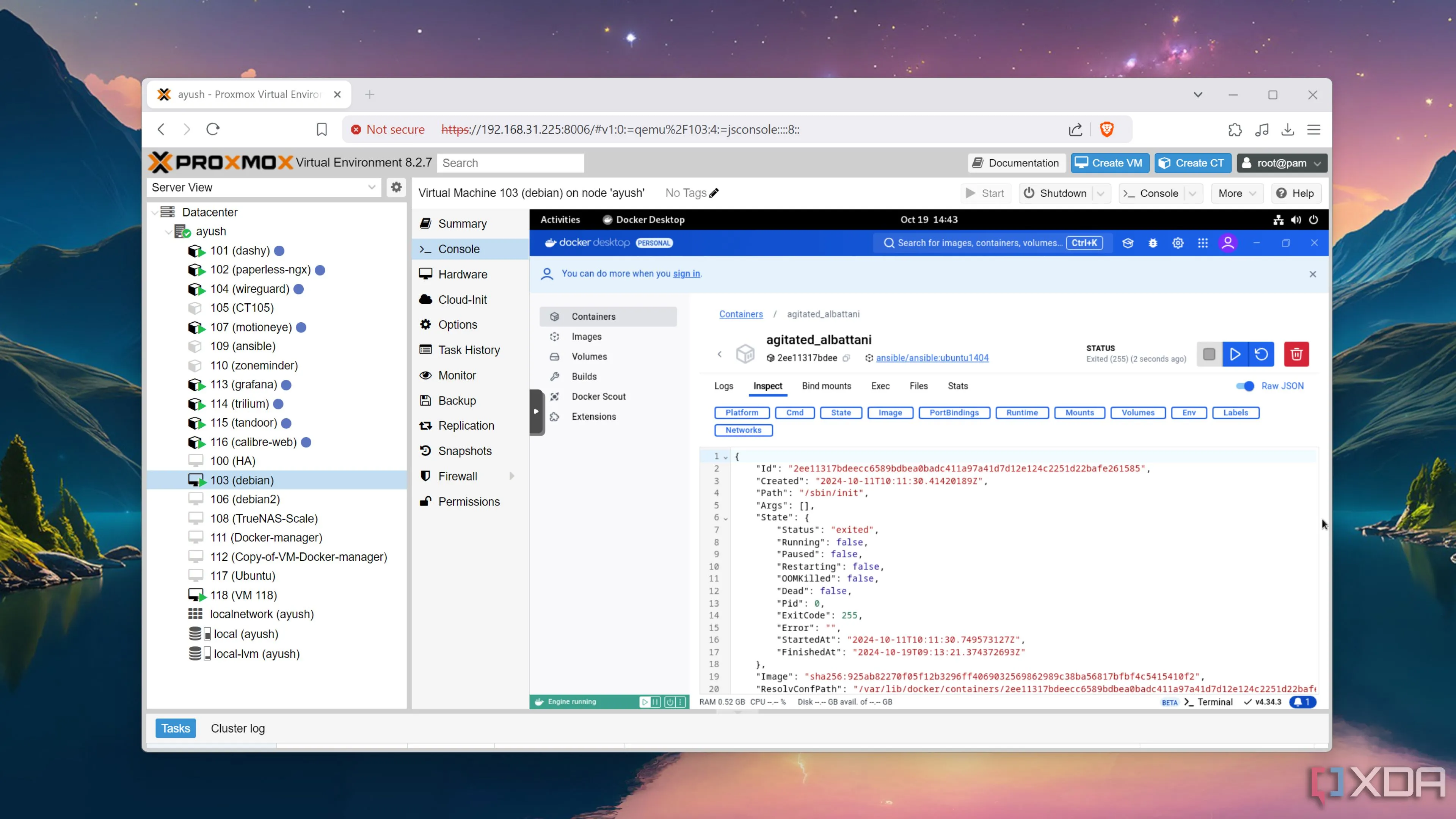 Mô tả Docker Desktop đang chạy bên trong một máy ảo Debian trên máy chủ Proxmox, minh họa khái niệm ảo hóa lồng nhau.