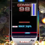 Một ảnh chụp màn hình gameplay của DJ Max Fever trên PSP, thể hiện giao diện âm nhạc sôi động với các nốt nhạc rơi xuống cần nhấn.