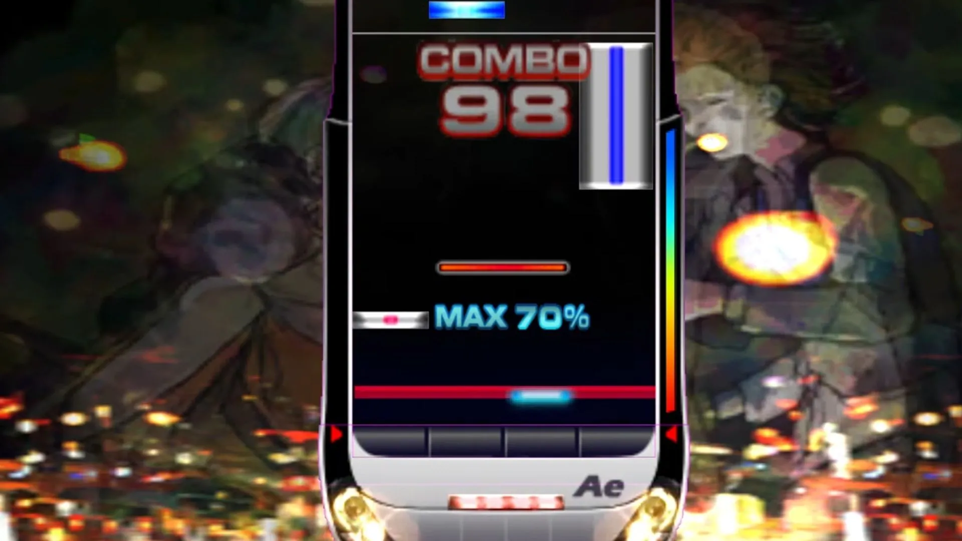Một ảnh chụp màn hình gameplay của DJ Max Fever trên PSP, thể hiện giao diện âm nhạc sôi động với các nốt nhạc rơi xuống cần nhấn.