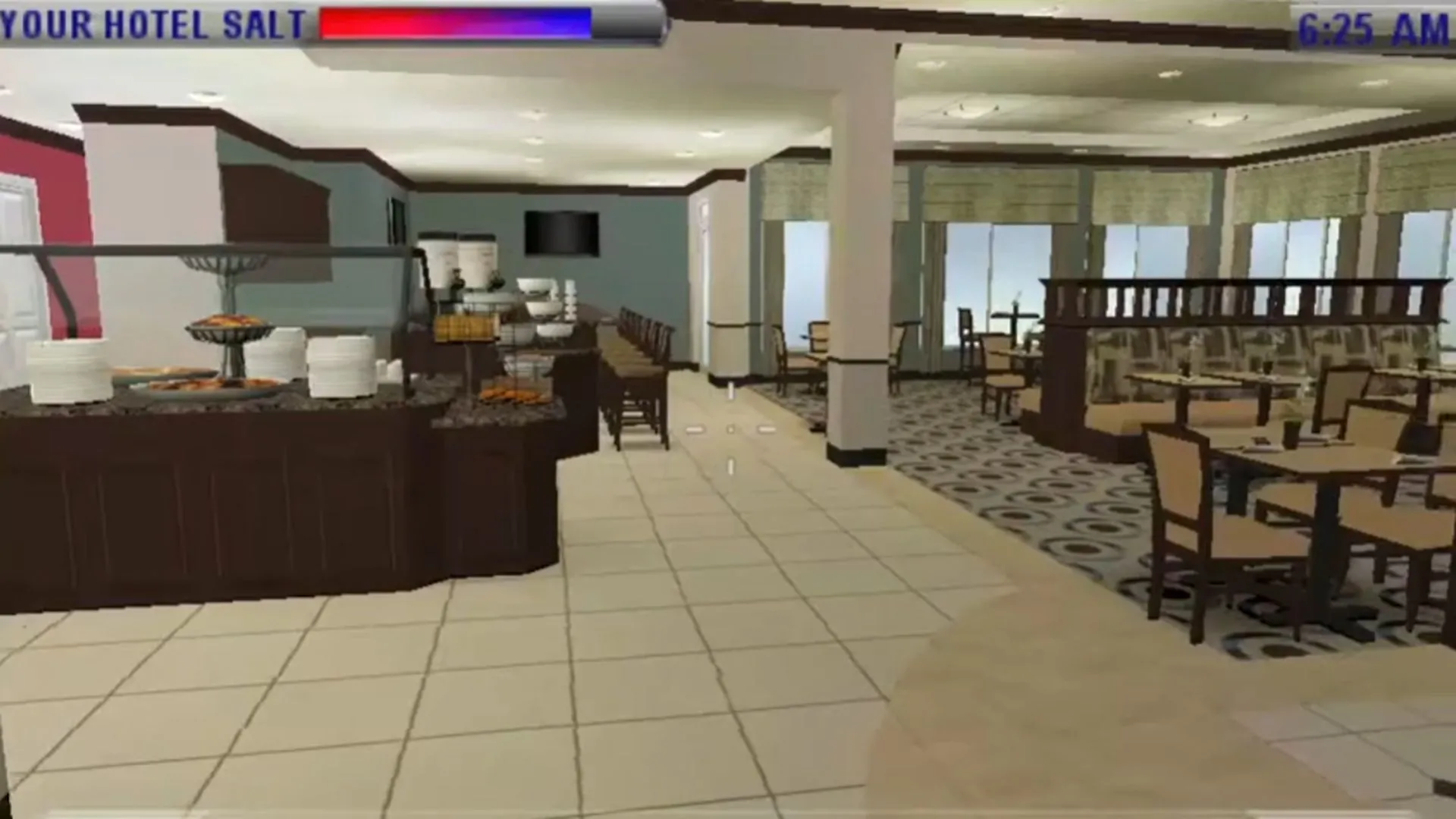 Một ảnh chụp màn hình gameplay của The Hilton Family trên PSP, mô tả nhân viên đang thực hiện các công việc trong khách sạn như dọn dẹp phòng.