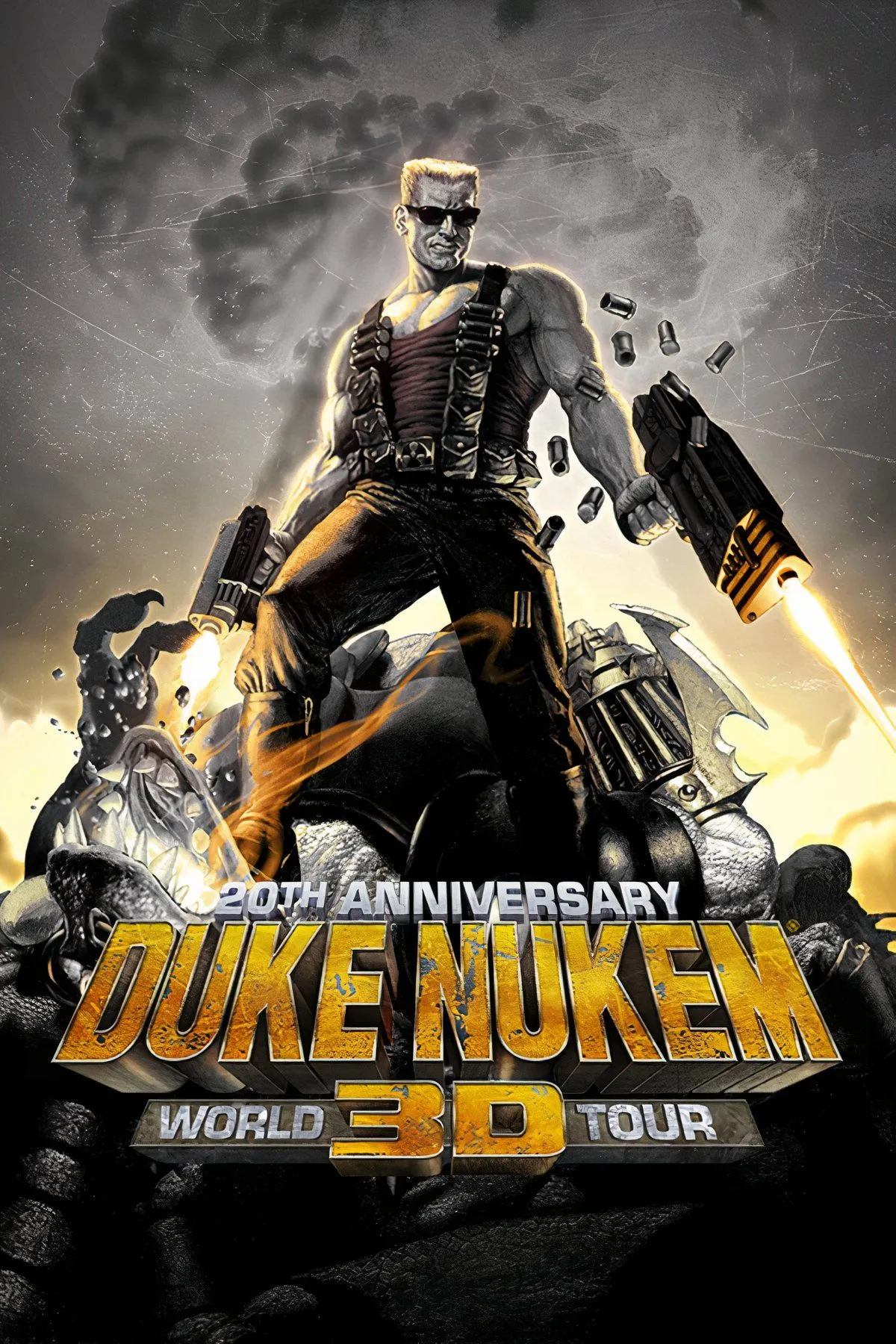 Một bức ảnh ghép từ các cảnh gameplay của Duke Nukem 3D, với Duke hành động trong các môi trường đô thị hỗn loạn