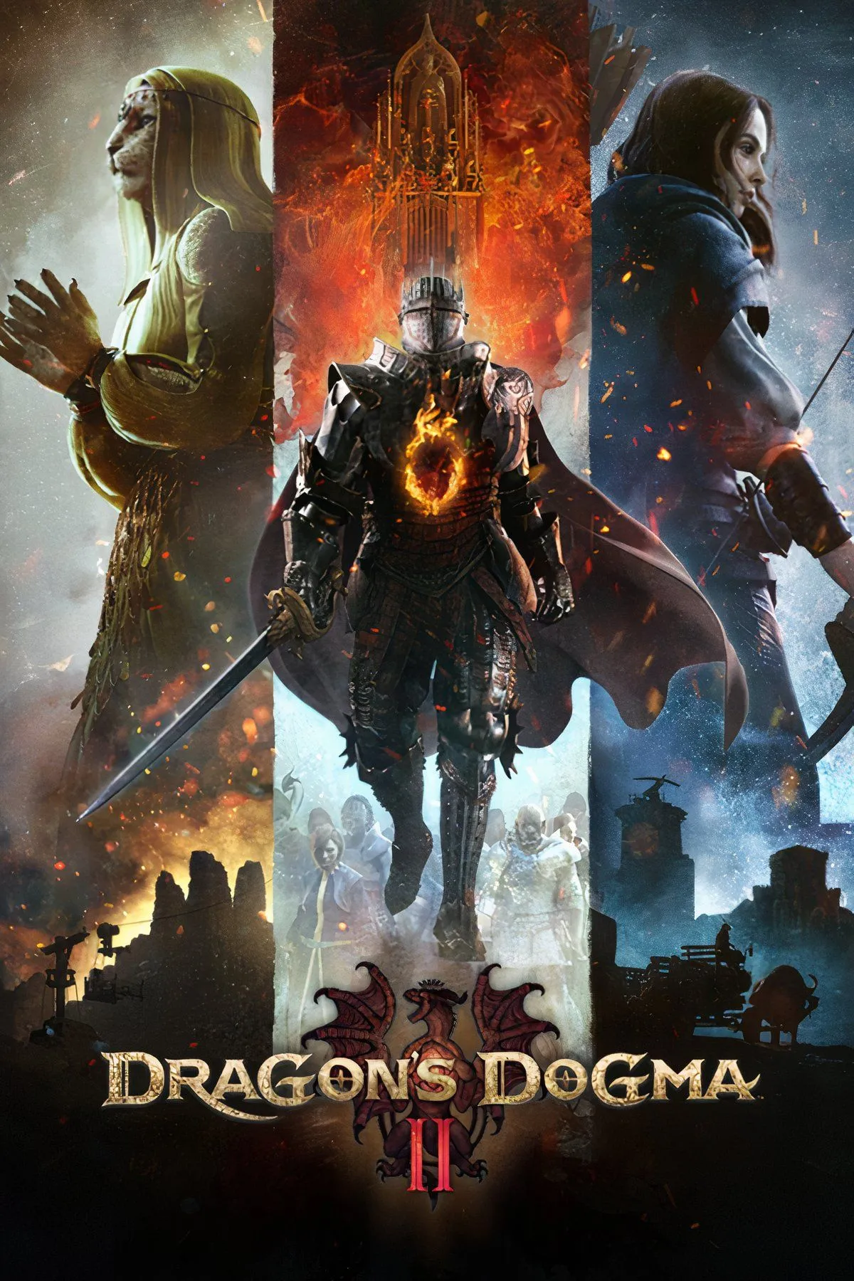 Một cảnh hành động hoành tráng trong Dragon's Dogma 2 với nhân vật chính đang chiến đấu với quái vật khổng lồ