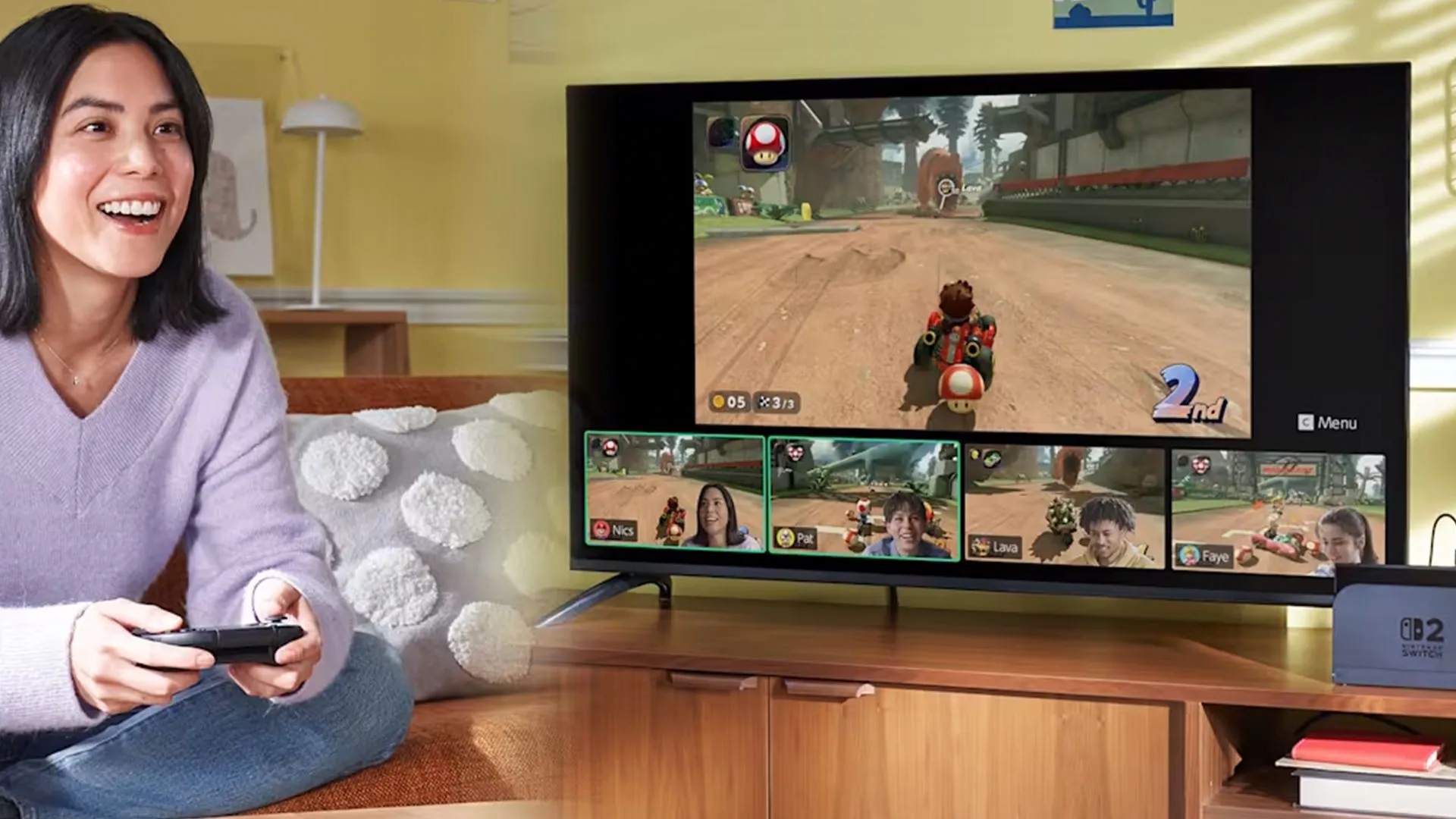 Một cô gái đang chơi Mario Kart World trên Nintendo Switch 2 với bạn bè