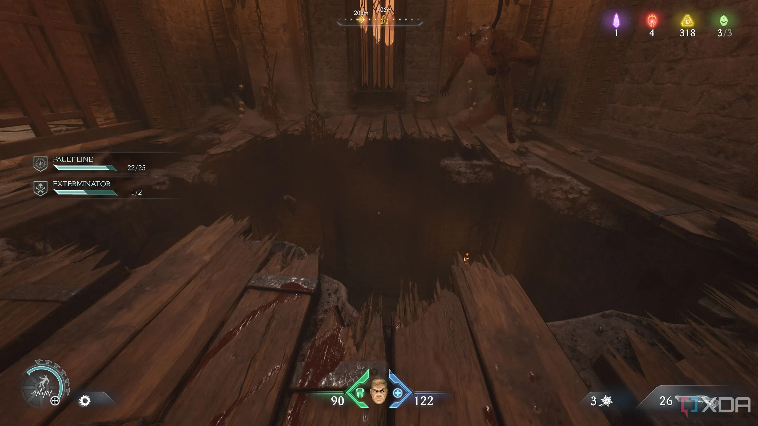Một lỗ trên sàn gỗ trong Doom: The Dark Ages.