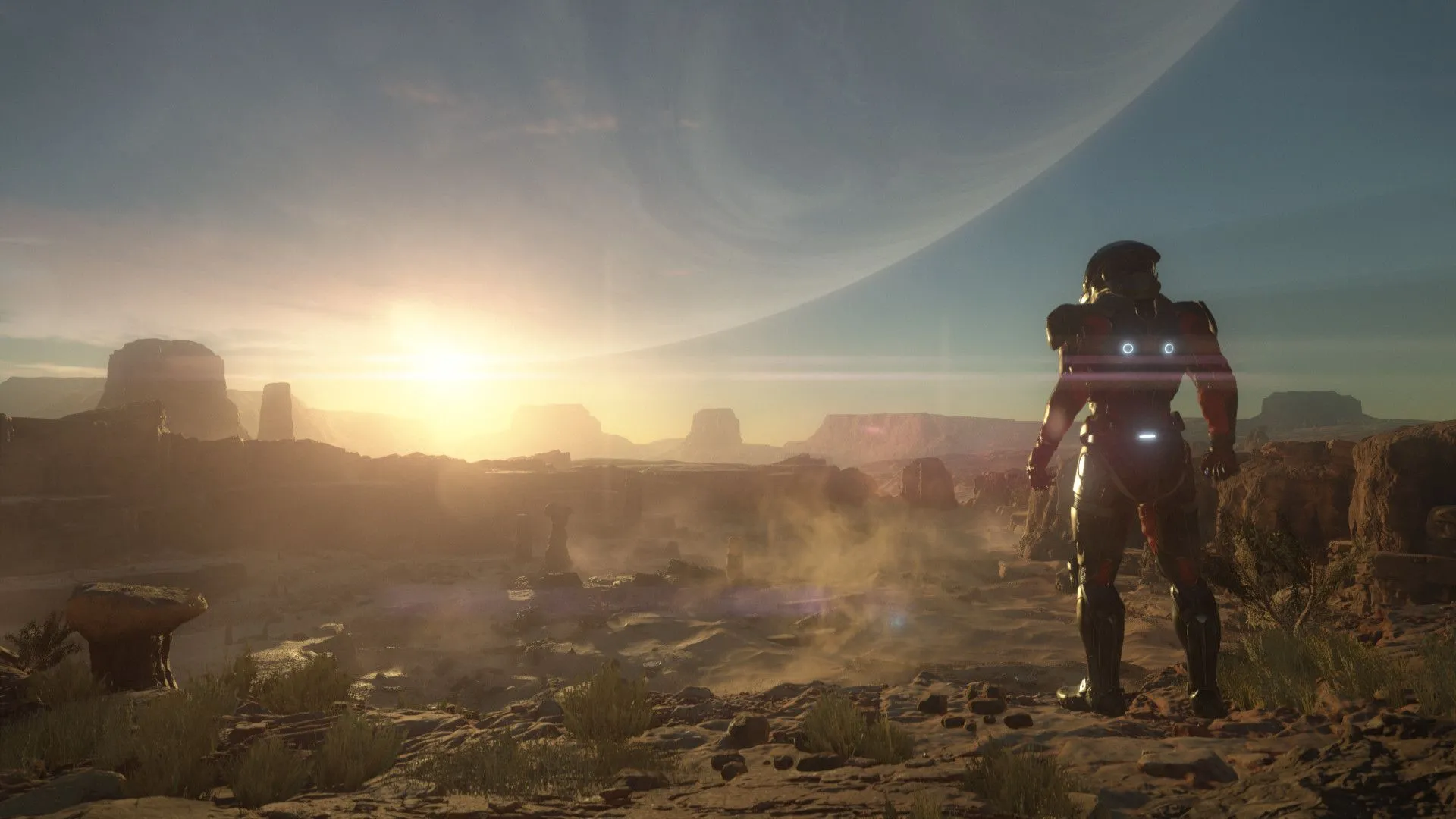 Một nhân vật đứng ngắm nhìn hoàng hôn trên hành tinh xa lạ trong Mass Effect Andromeda, gợi mở khả năng Mass Effect 5 sẽ tiếp nối cốt truyện tại thiên hà Andromeda.