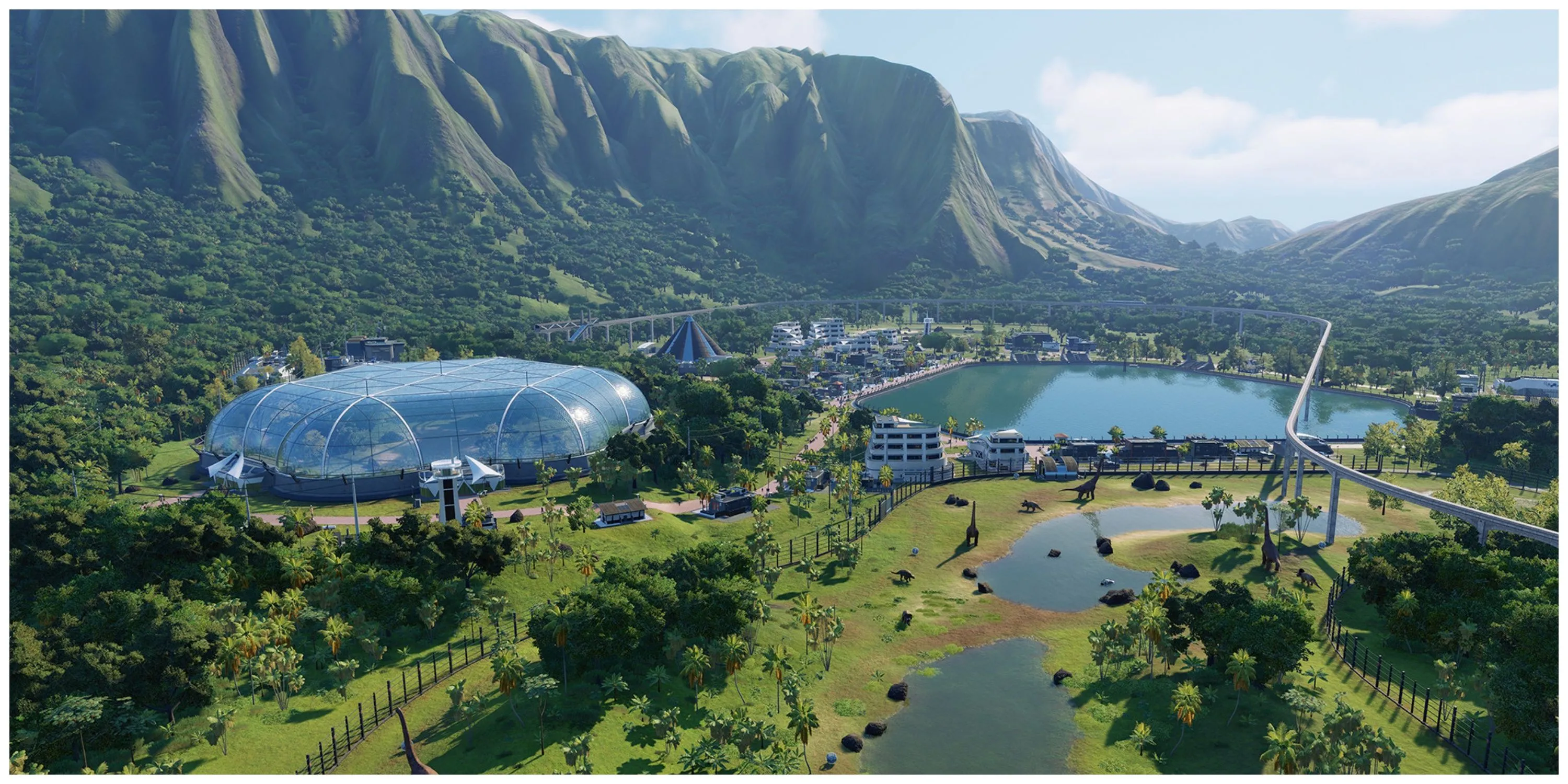 Một số loài khủng long và công trình trong game Jurassic World Evolution 2