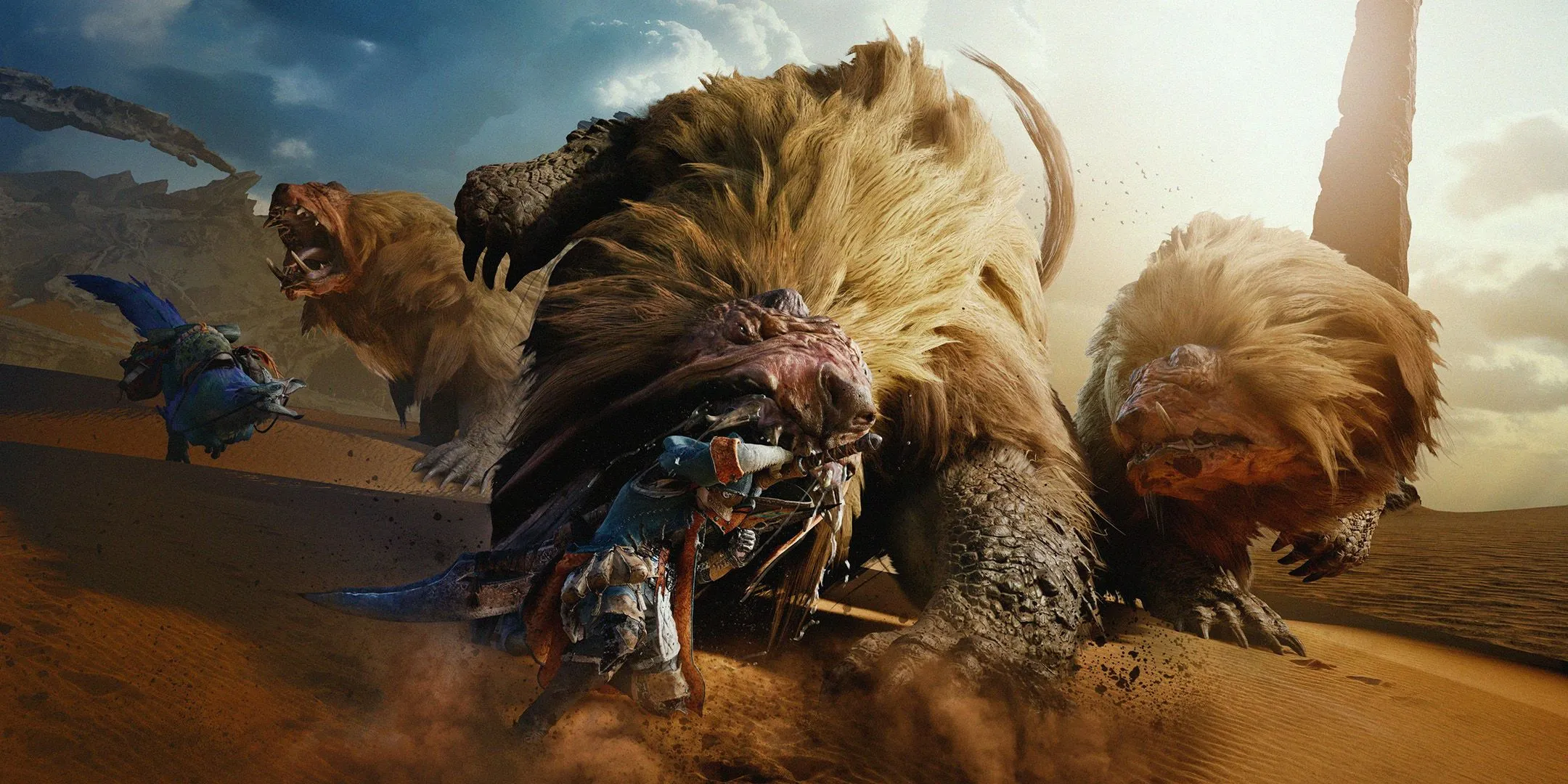 Một thợ săn đang giao chiến với quái vật khổng lồ trong thế giới Monster Hunter Wilds