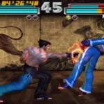 Một trận đấu giữa Jin và Hwoarang trong Tekken Tag Tournament đang diễn ra với đồ họa 3D cổ điển.