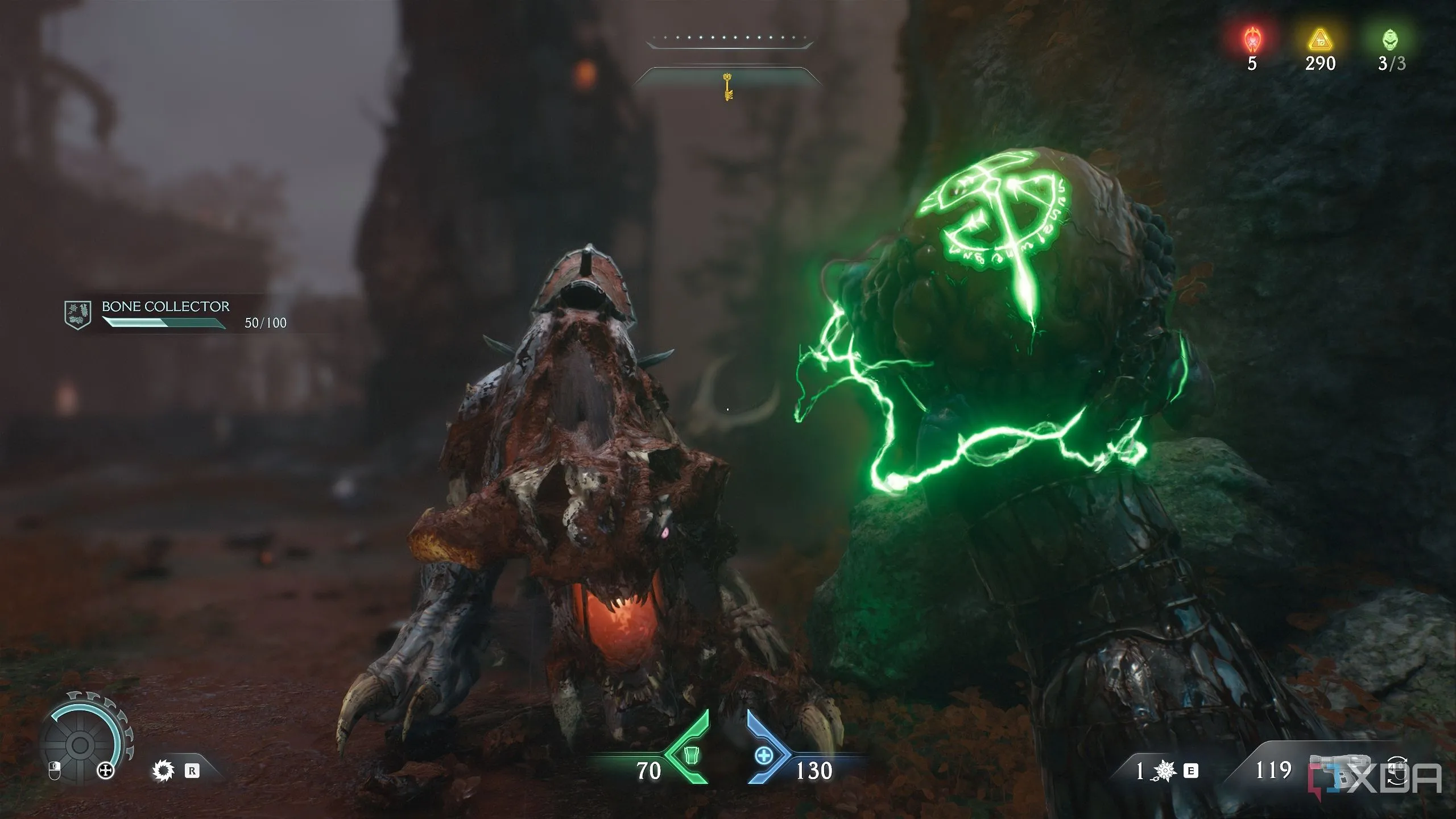 Một viên Demonic Essence màu xanh lá cây, giúp tăng cường giáp tối đa cho người chơi trong Doom The Dark Ages.