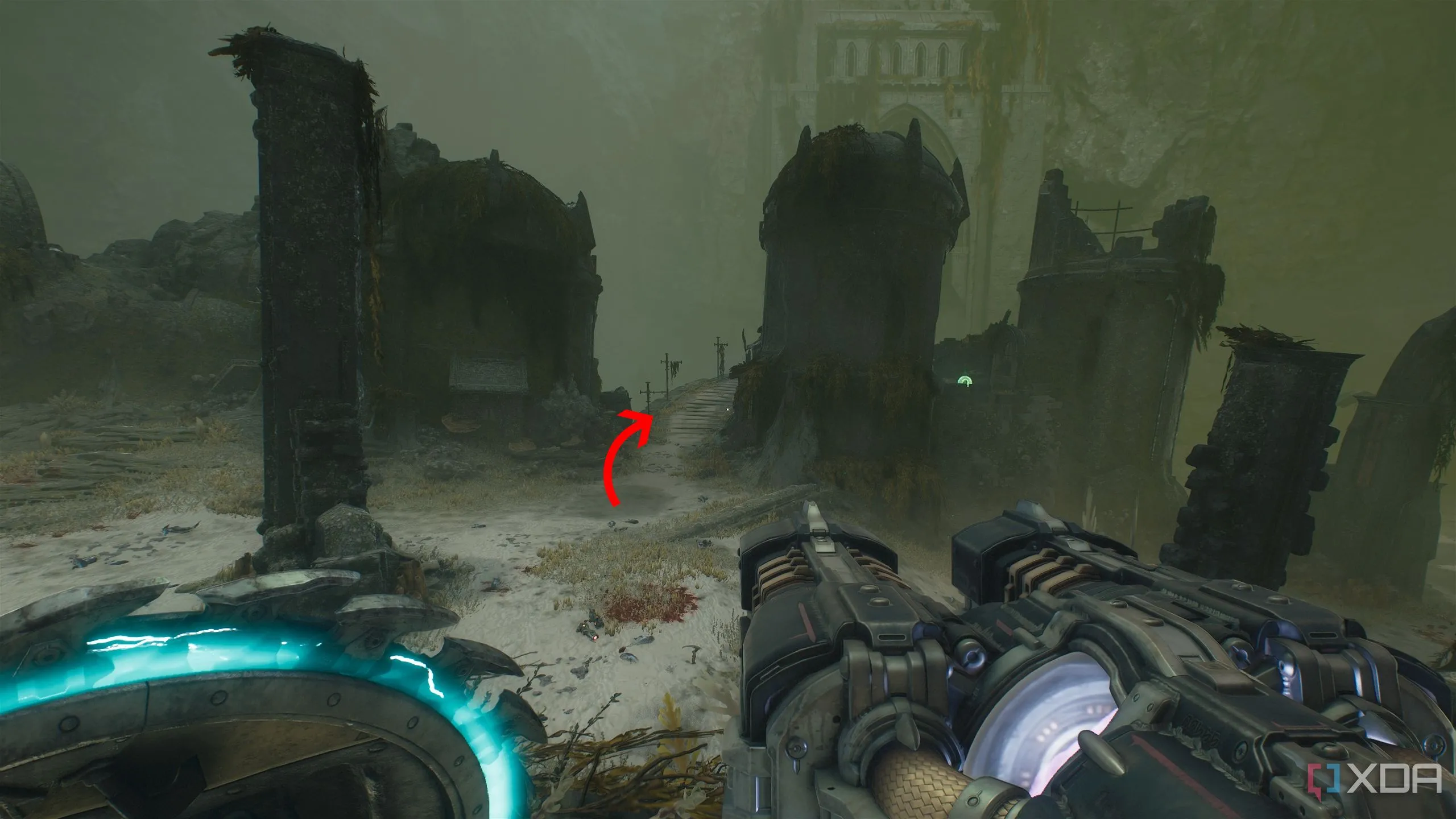 Mũi tên chỉ đến cầu thang xoắn ốc dẫn đến Đền Sentinel trong Chương 14 Doom The Dark Ages.