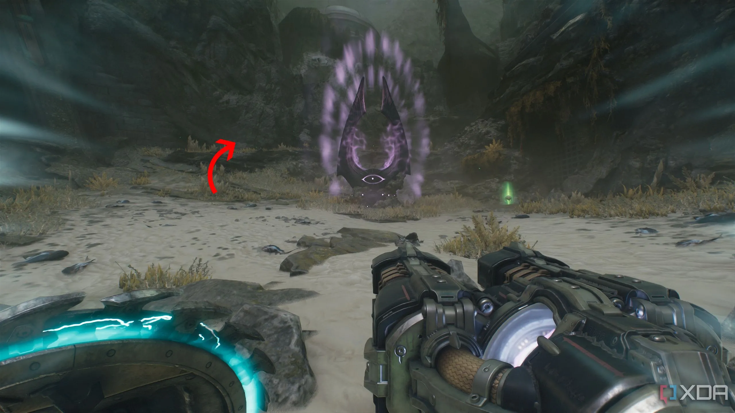 Mũi tên chỉ đến gờ phía sau bộ phát Stasis thứ ba trong Chương 14 Doom The Dark Ages.