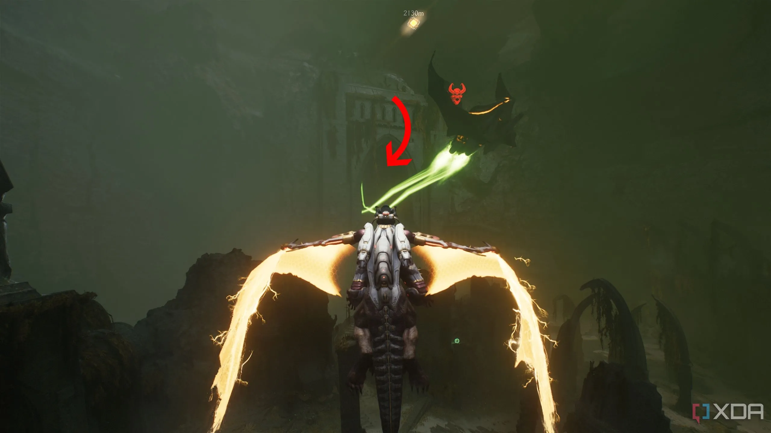 Mũi tên chỉ đến khu vực lối ra của tàu Hell Fighter trong Chương 14 Doom The Dark Ages.