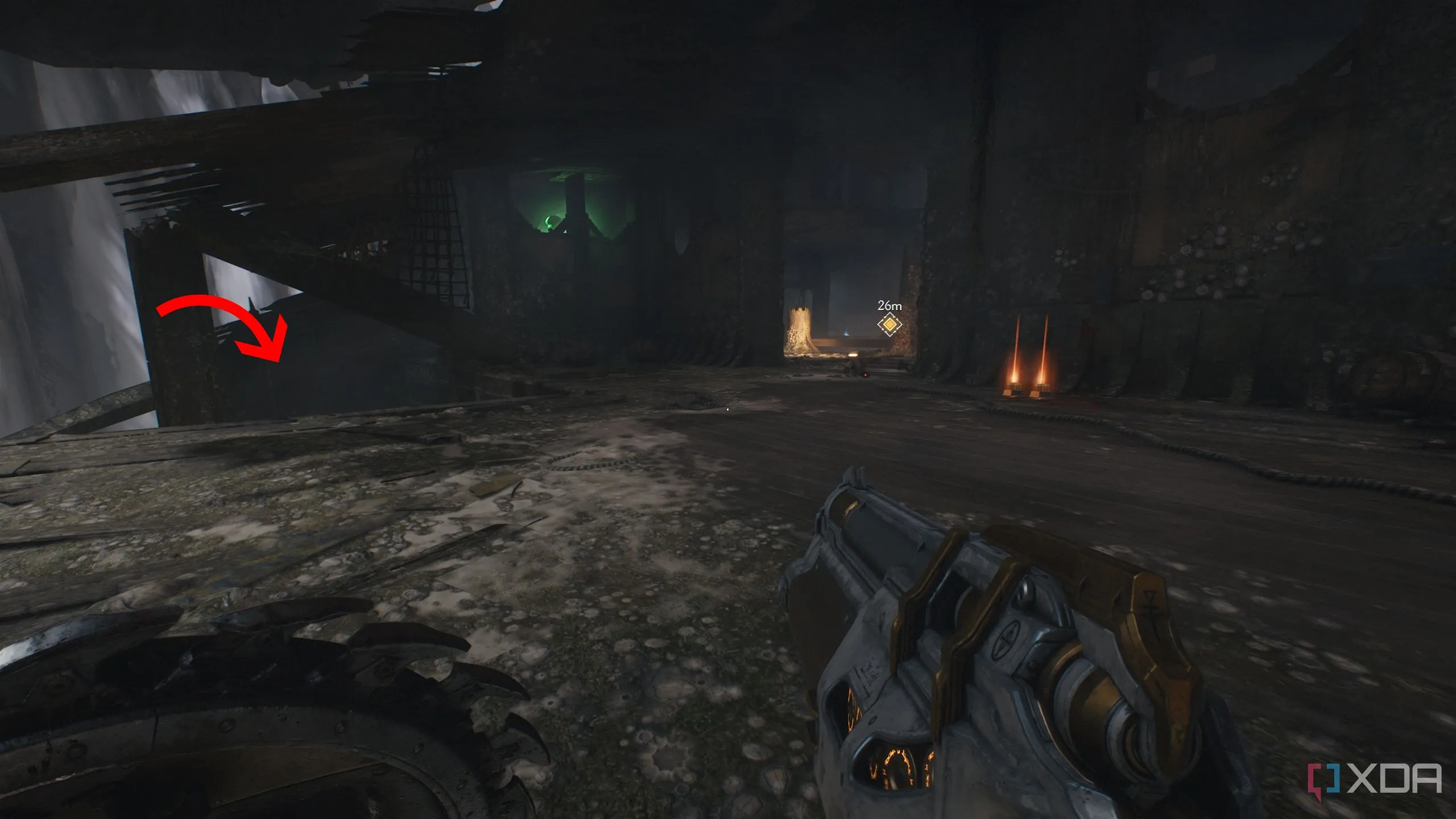 Mũi tên chỉ đến một cấp độ thấp hơn bí mật trong Chương 14 Doom The Dark Ages.