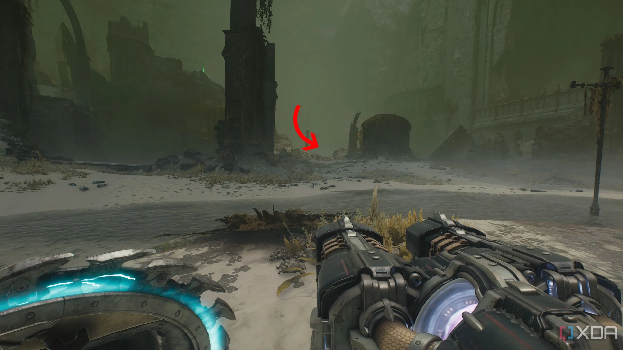 Mũi tên chỉ đến một cấu trúc bị khóa gần khu vực Rune Khiên trong Chương 14 Doom The Dark Ages.