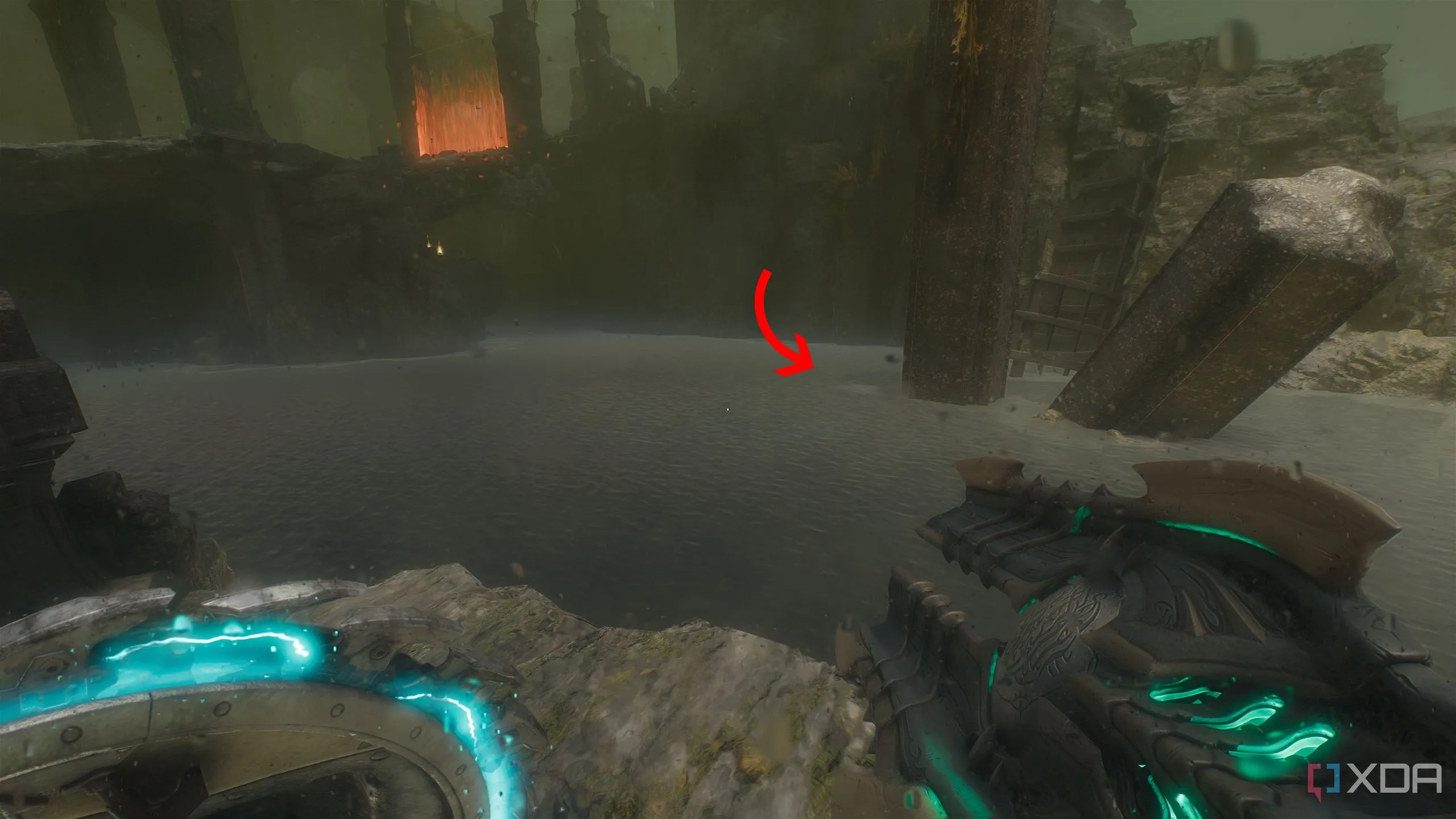 Mũi tên chỉ đến một khu vực cụ thể dưới nước với lỗ hổng ở đáy tàu trong Chương 14 Doom The Dark Ages.
