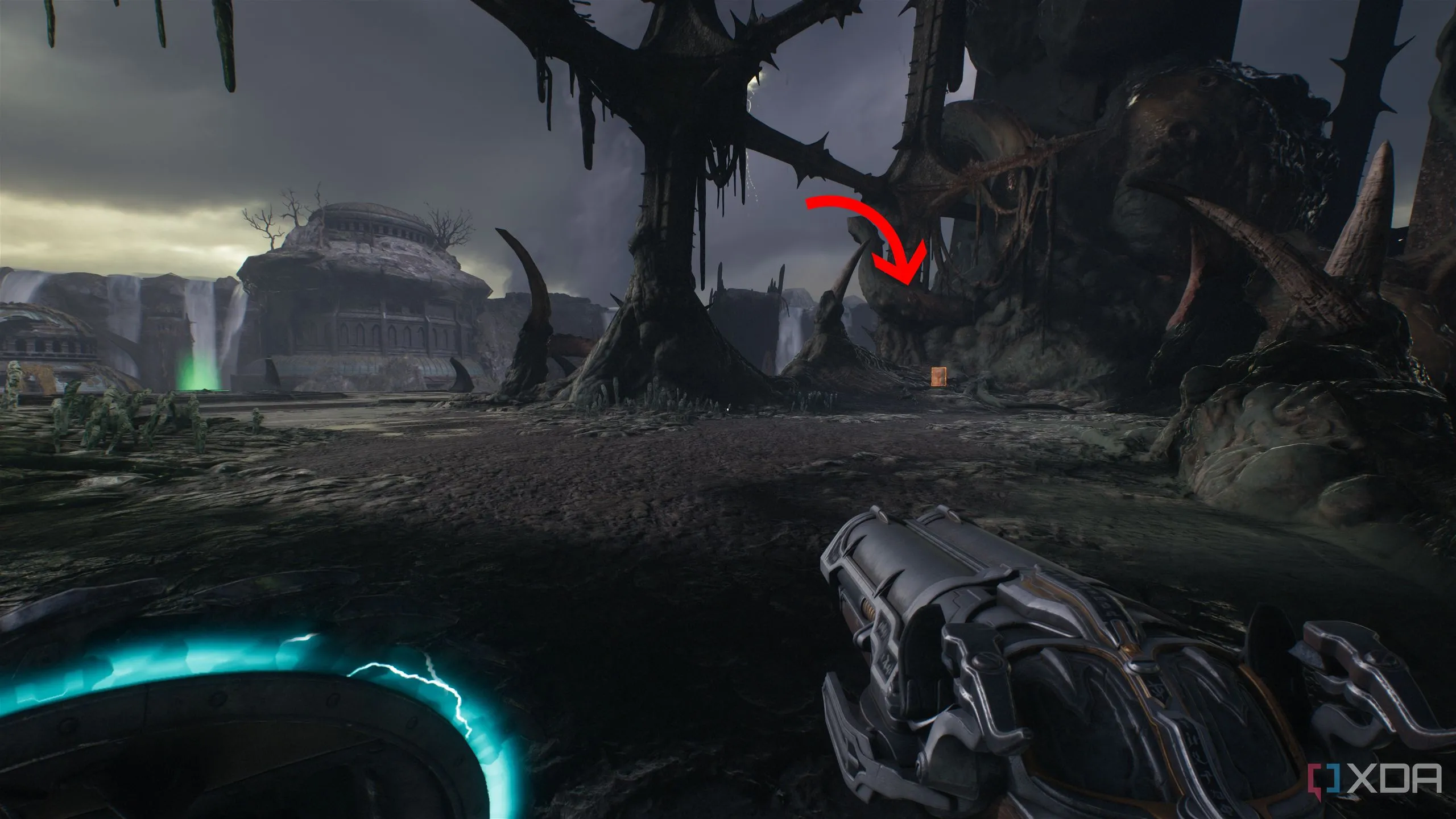 Mũi tên chỉ đến Trang Codex thứ hai ở cuối cầu thang trong Chương 14 Doom The Dark Ages.