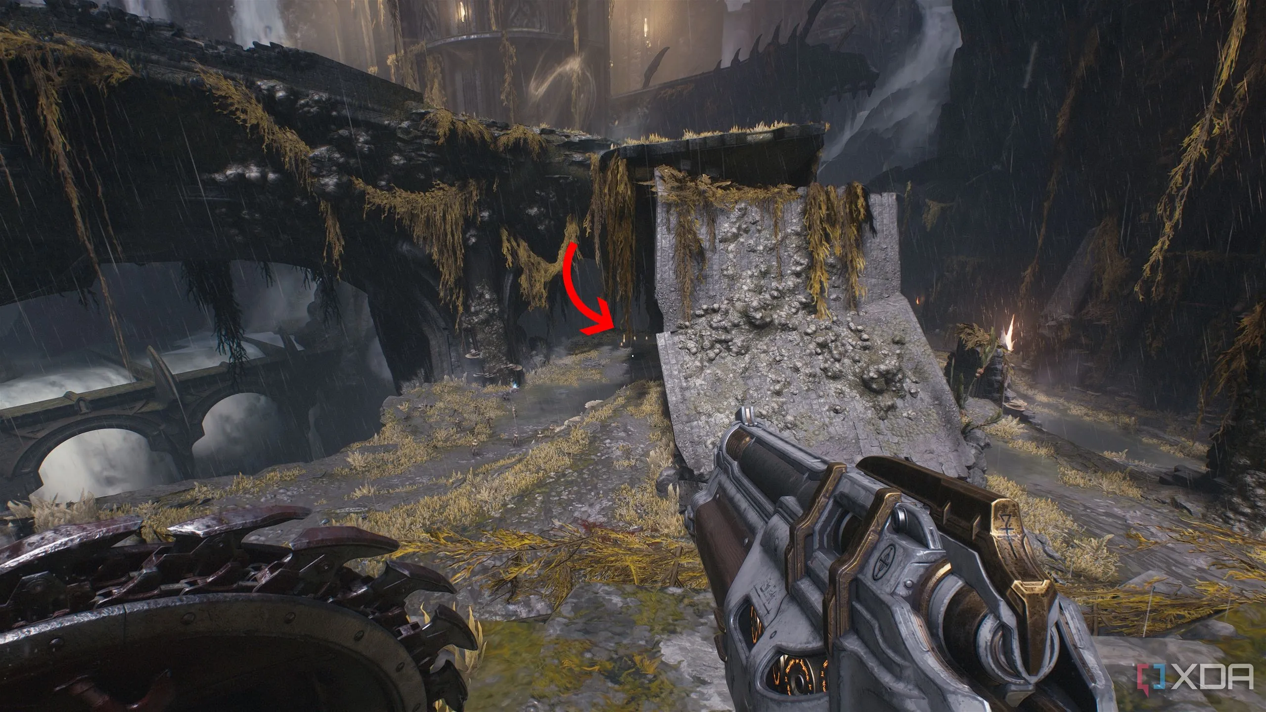 Mũi tên chỉ đến vệt vàng ở xa sau khi hoàn thành thử thách Heart Harvester trong Chương 14 Doom The Dark Ages.