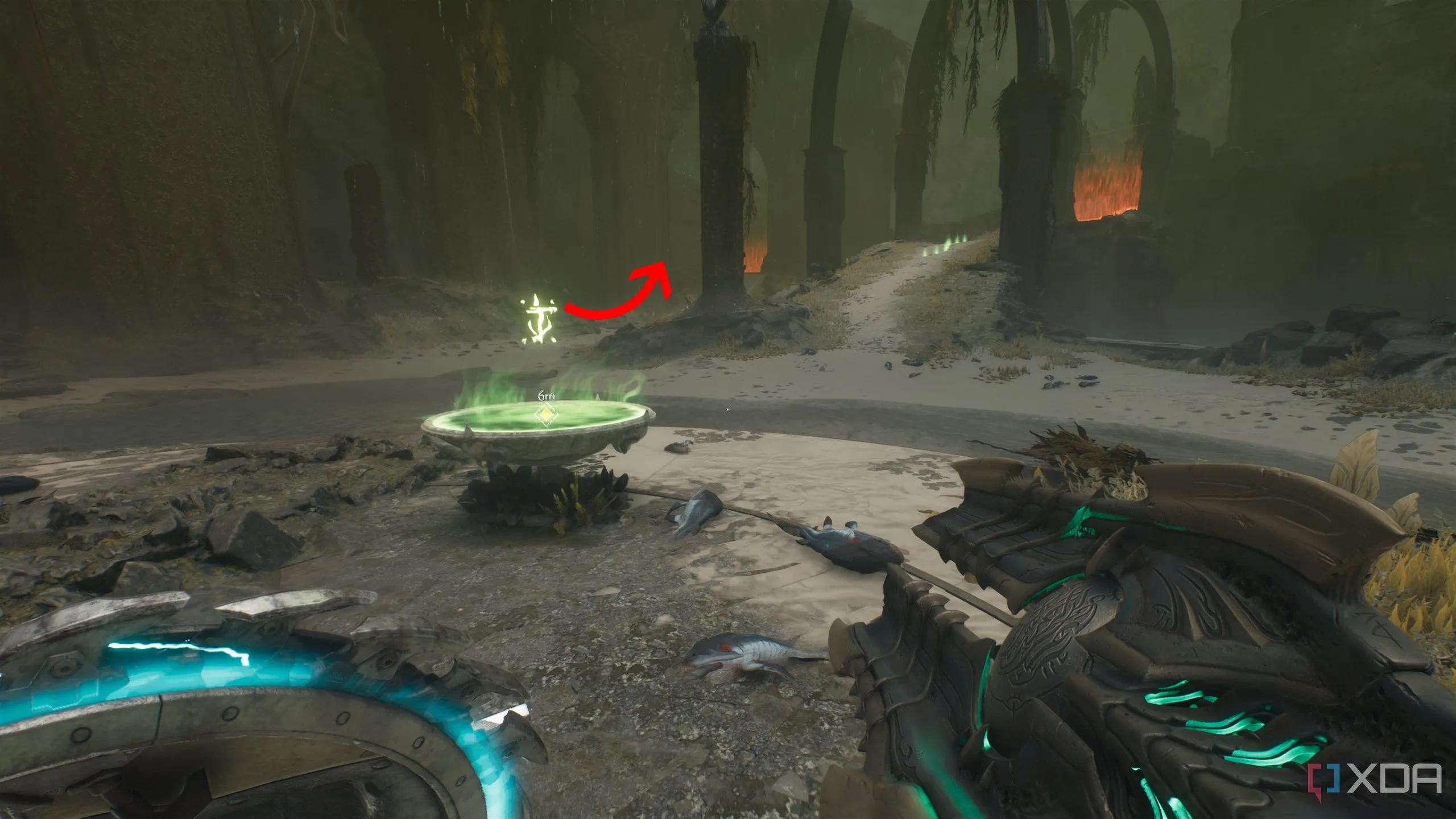 Mũi tên chỉ lối đi bên trái từ Rune Khiên trong Chương 14 Doom The Dark Ages.