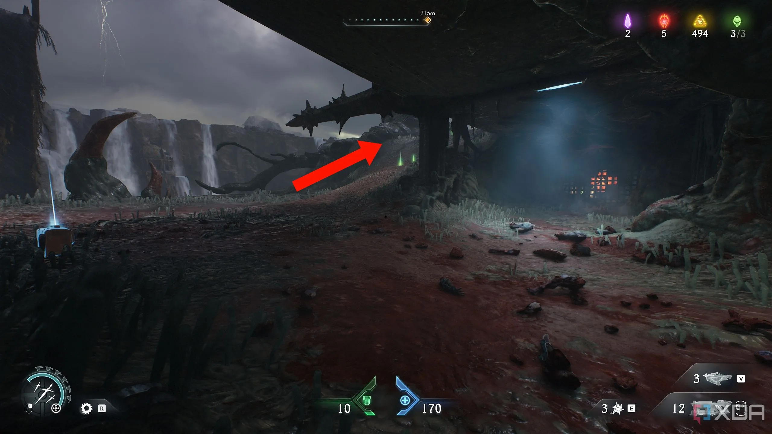 Mũi tên chỉ lối đi đến vị trí cọc vàng cuối cùng trong Chương 14 Doom The Dark Ages.