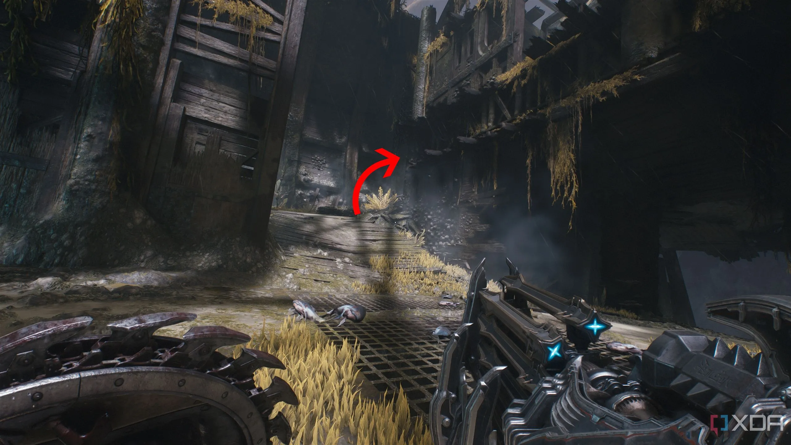 Mũi tên chỉ lối vào con tàu đắm trên con đường chính trong Chương 14 Doom The Dark Ages.