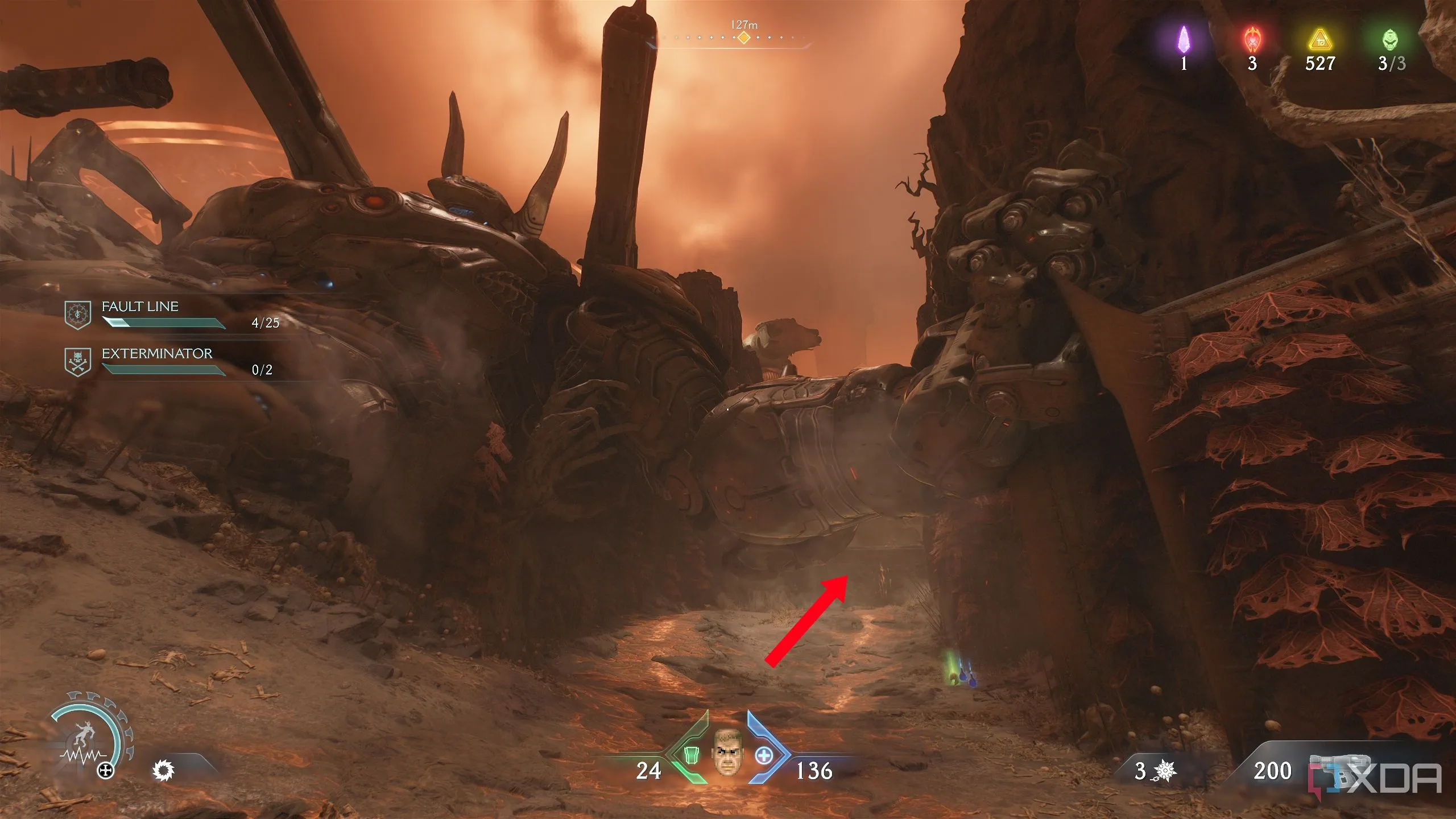 Mũi tên chỉ vào cánh tay trái của Atlan Mech trong Doom: The Dark Ages.