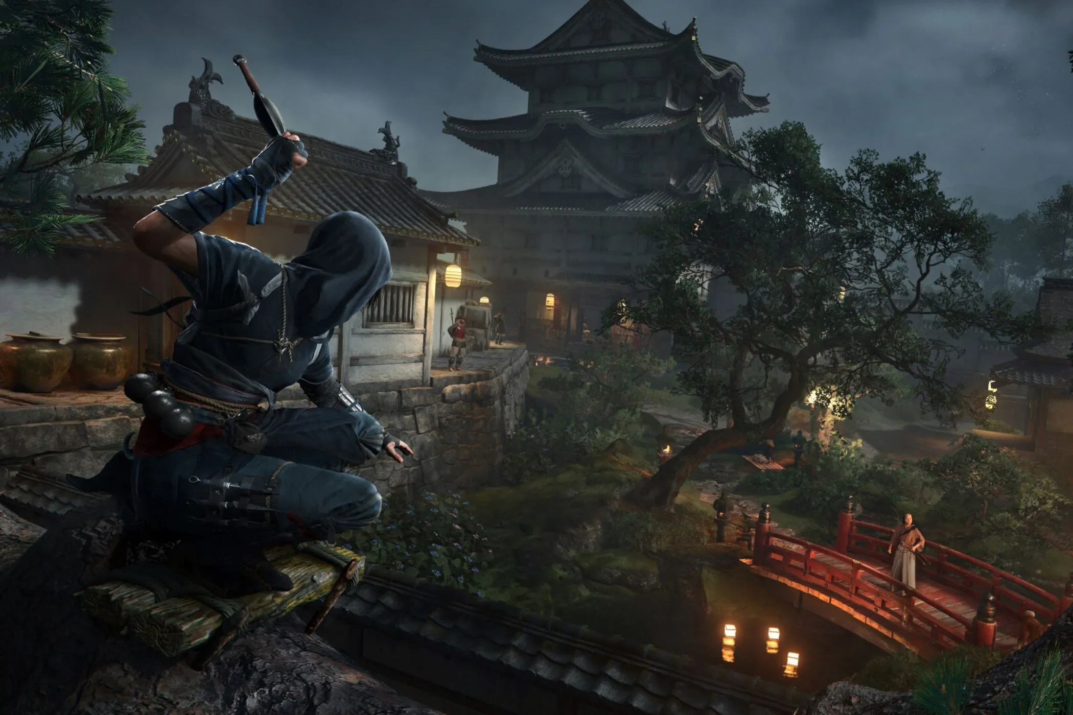 Naoe thực hiện ám sát lén lút trong chế độ ám sát chắc chắn của Assassin's Creed Shadows
