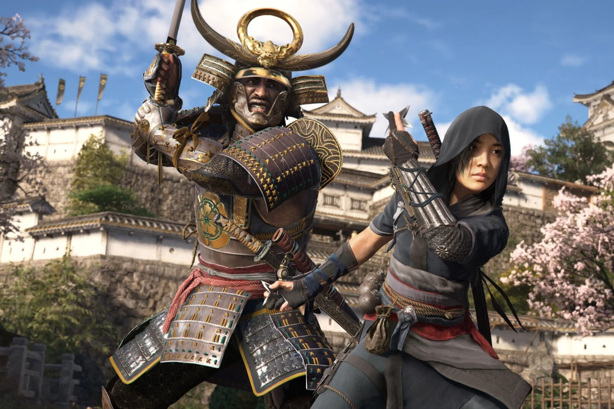 Naoe và Yasuke đứng cạnh nhau, đại diện cho hai phong cách chơi khác biệt trong Assassin's Creed Shadows