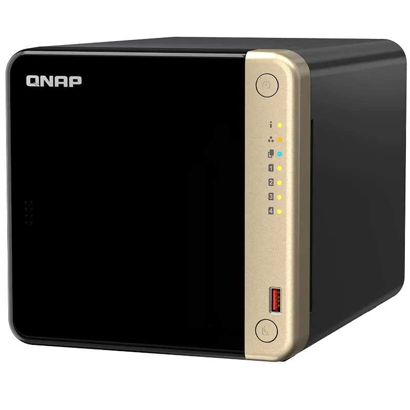 NAS QNAP TS-464 với thiết kế hiện đại, minh họa cho một lựa chọn NAS mạnh mẽ và lý tưởng cho người dùng gia đình