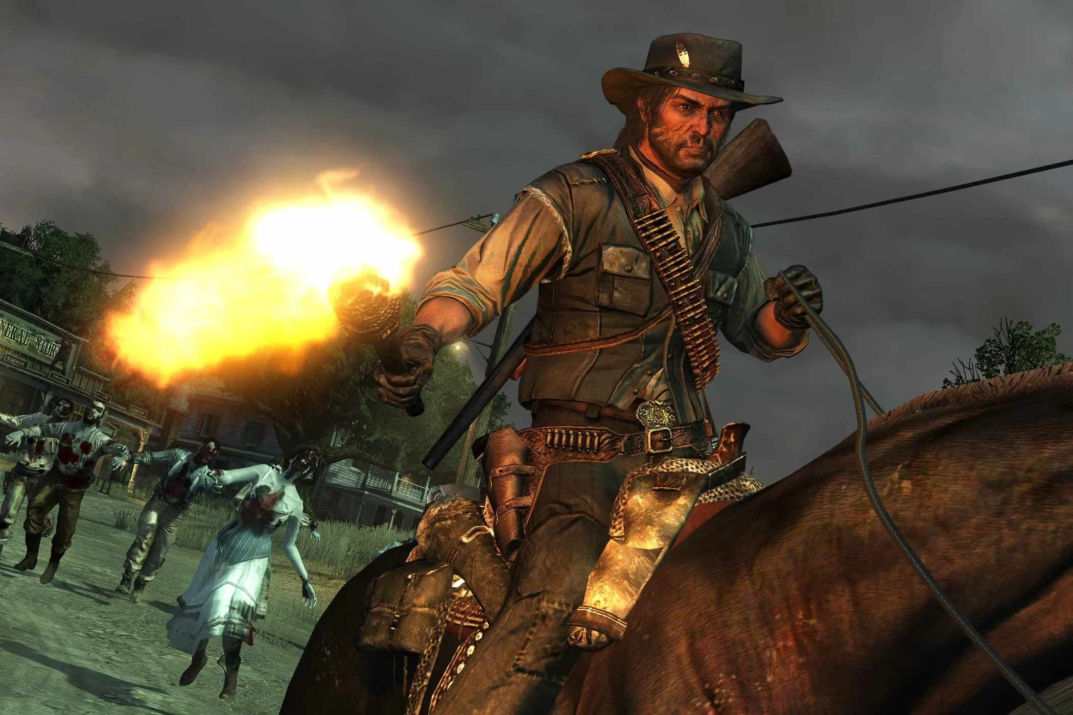 Người đàn ông cưỡi ngựa cầm đuốc rực lửa đuổi theo lũ zombie trong game Red Dead Redemption Undead Nightmare