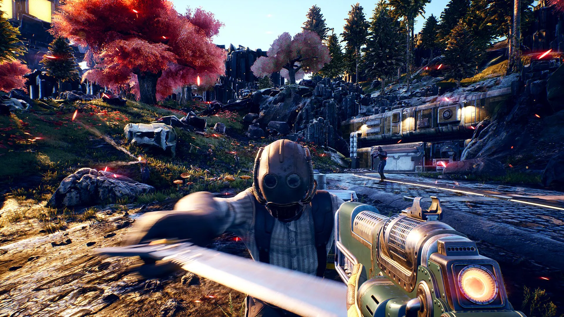 Nhân vật chính đối thoại với NPC trong The Outer Worlds, thể hiện sự tự do tương tác và tấn công NPC trong game nhập vai